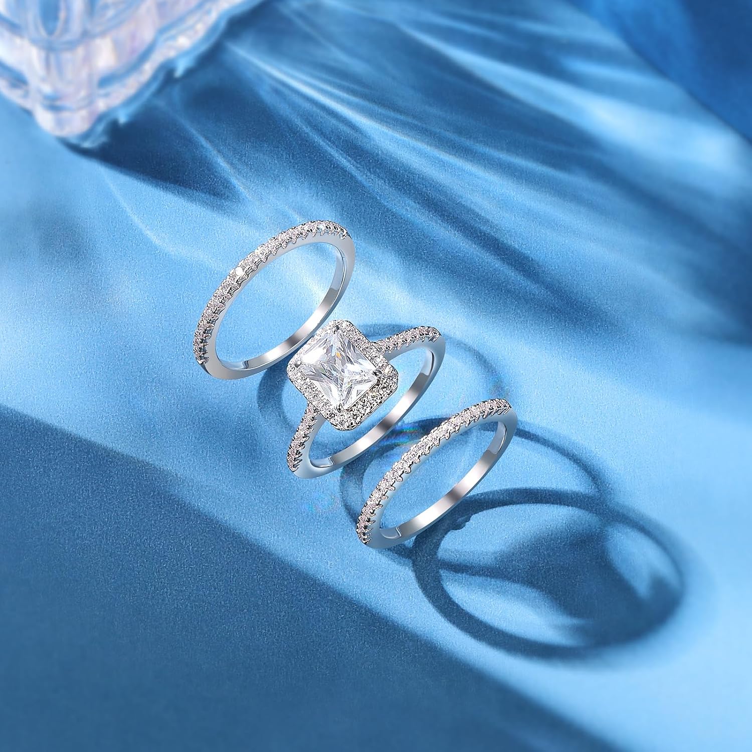 MDFUN 18K White Gold Plated Three-in-one Emerald Cut Cubic Zirconia Promise Wedding Engagement Rings Set Eternity Bands for Women Size 5-10 - Image 2