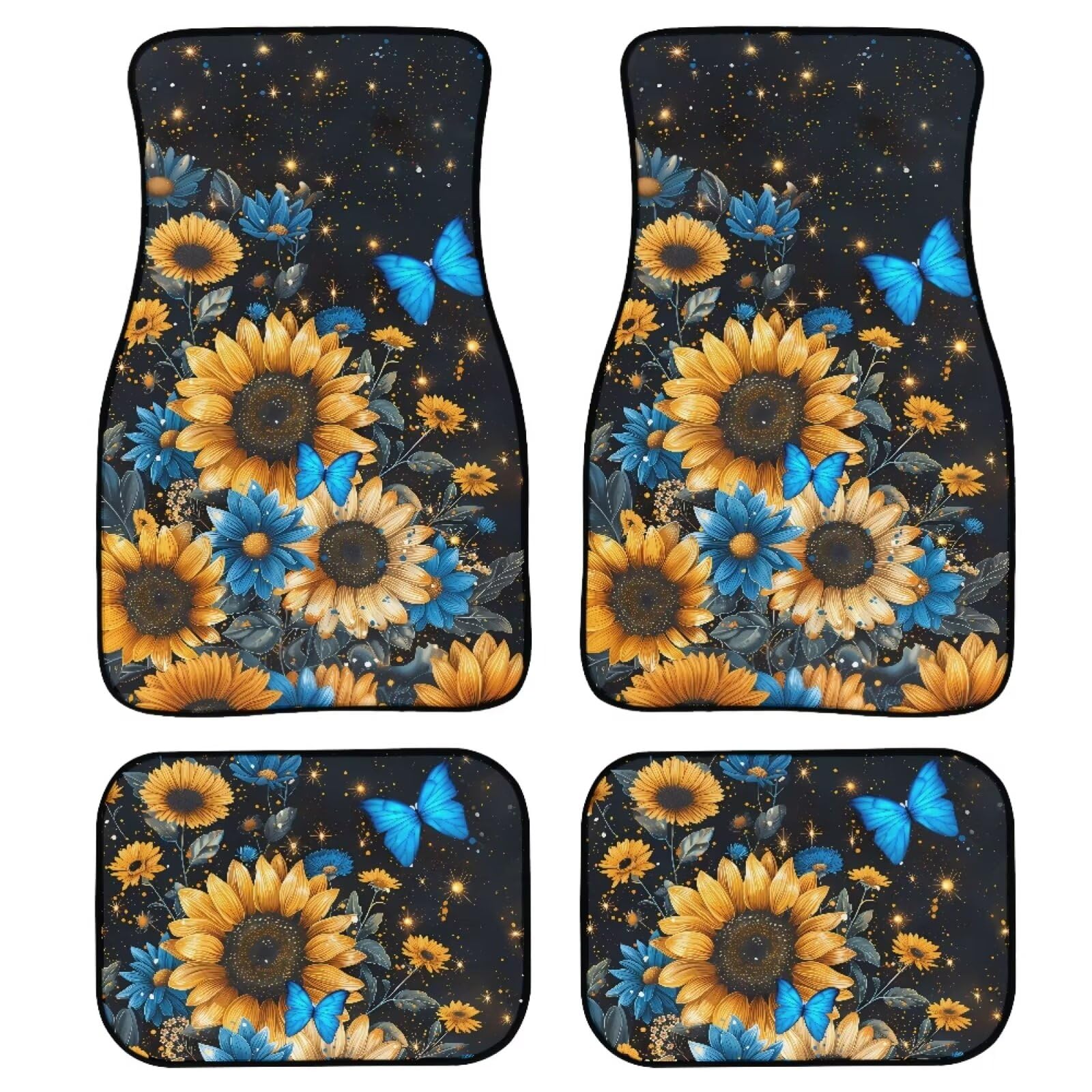 FUIBENG 4 Piece Sunflower Car Floor Mats Full Sets Blue Butterfly Yellow Sunflower Floor Mats for Vehicle Front and Back,Stain Resistant Washable Foot Carpet Area Rug Auto Interior Protective