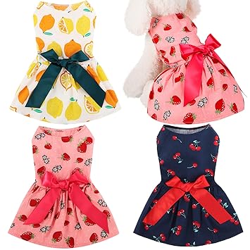 Geyoga 3 Pieces Cute Pet Dress Strawberry Dog Dress Cherry Puppy Dress Lemon Cat Dress with Lovely Bow Pet Apparel for Puppy Dogs and Cats on Weddings Holidays Travelling (L)