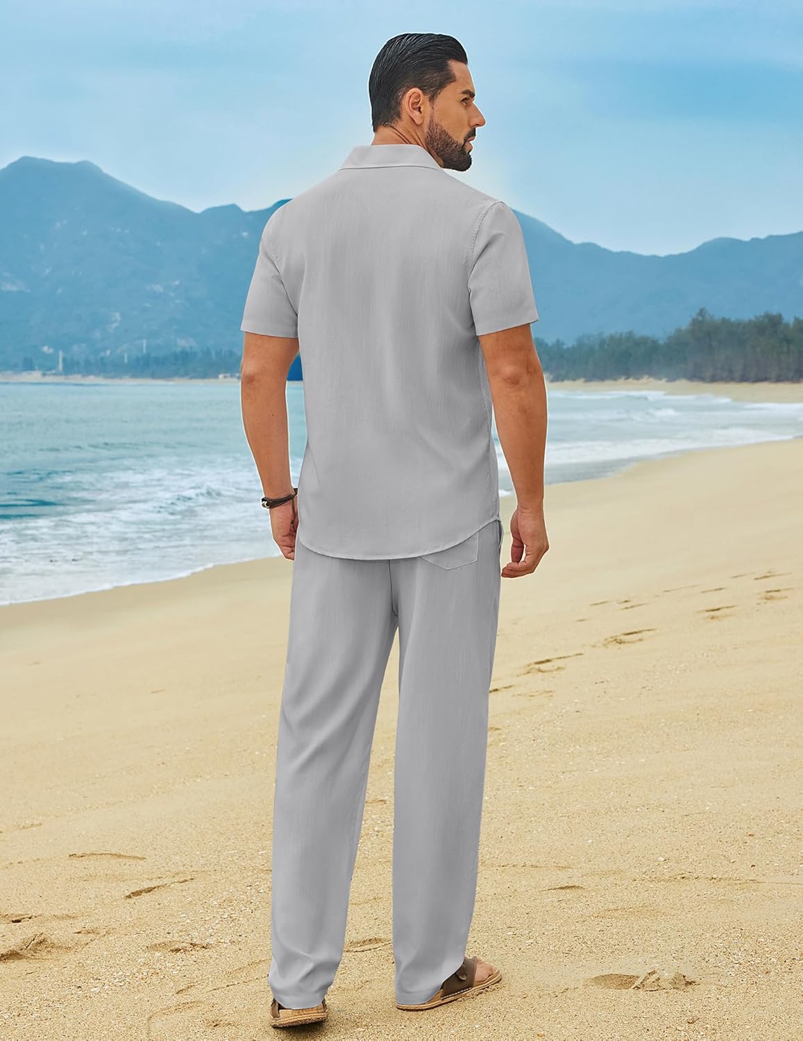 COOFANDY Men's Linen Sets 2 Piece Outfits Casual Short Sleeve Button Down Shirts and Pants Summer Beach Vacation Outfits - Image 3