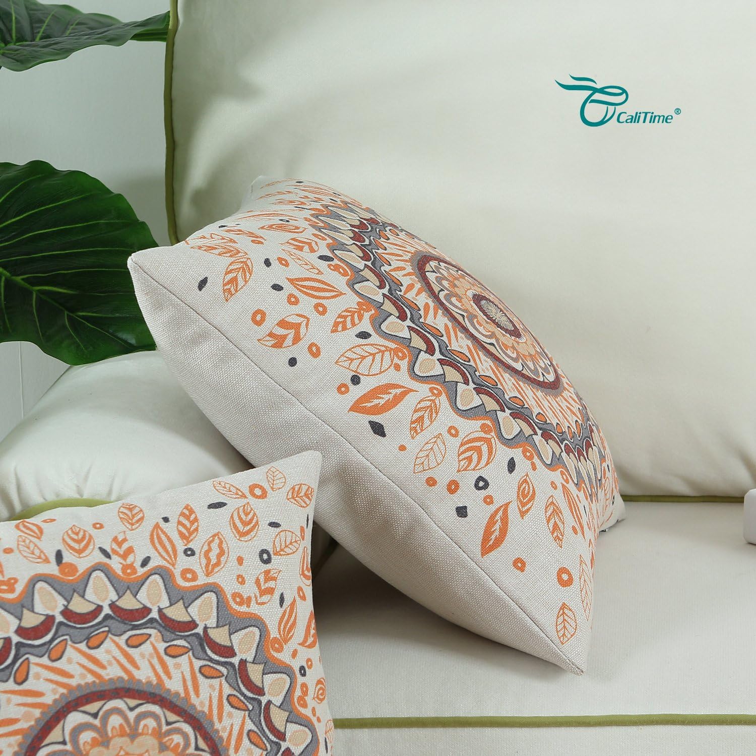 CaliTime Canvas Throw Pillow Cover Case for Couch Sofa Home Decor Floral Compass Leaves Medallion 18 X 18 Inches Orange