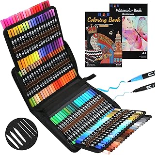 H & B Dual Tip Brush Pen Colored Pen,Fineliners Felt Tip Pen Set 120 Colors Colouring Pens Markers with Coloring Book & Watercolor Book, Art Pen Supplies for Kids Adult Drawing Painting