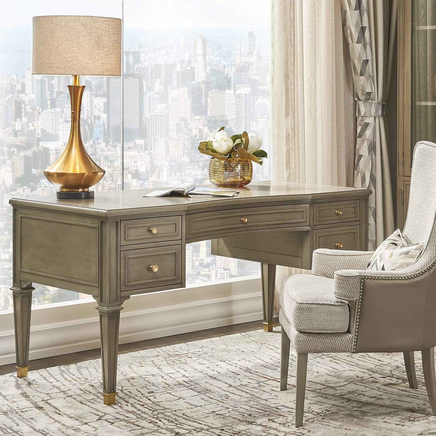 Jennifer Taylor Home JTH Luxe Troy Gold Accent 5-Drawer Wood Desk, Grey Cashmere Wood