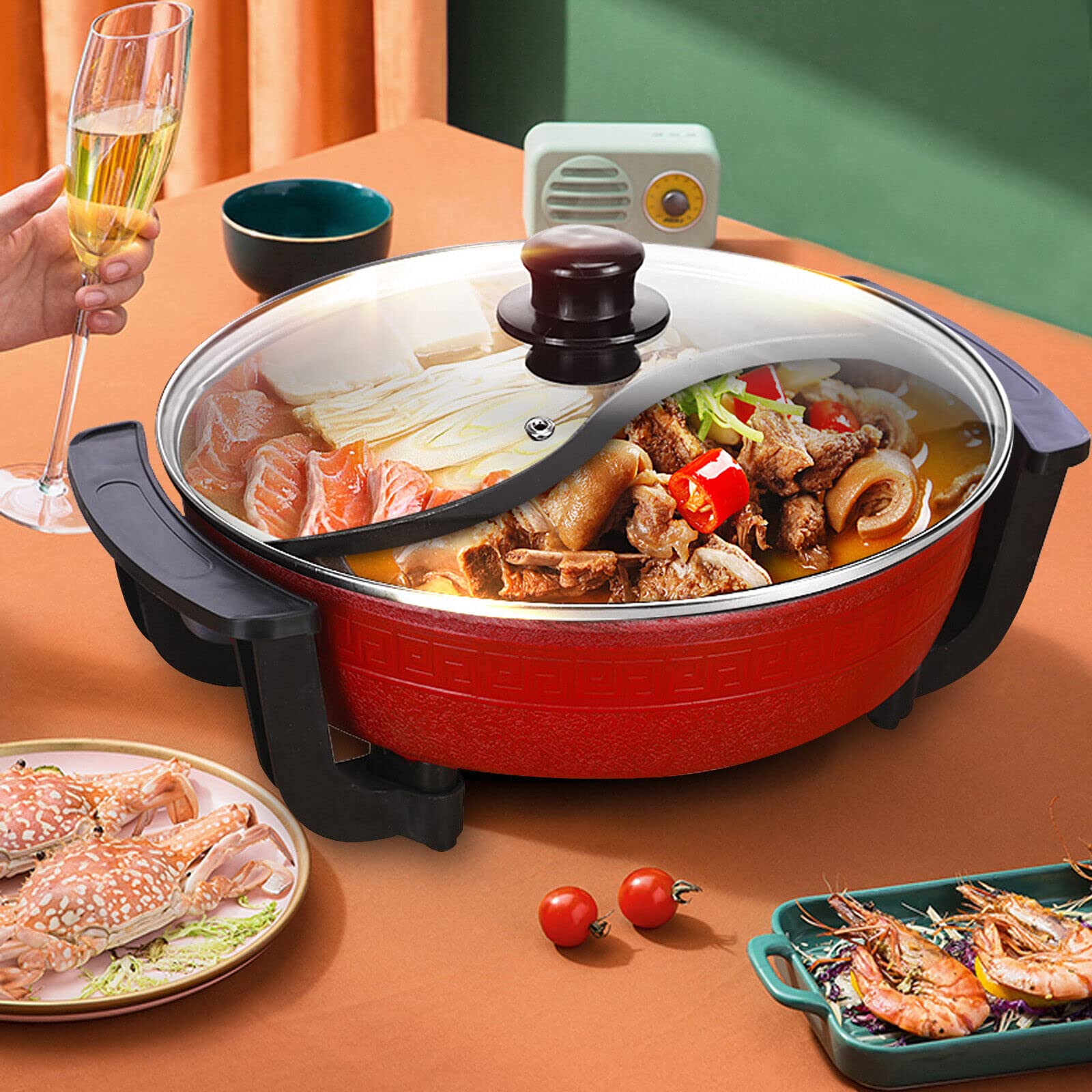 Home - Casserole à fondue électrique - 6 l - 1300 W - Avec couvercle - Yin Yang - Pour fondue chinoise - Plan de travail de cuisine - Rouge, YYQDXQ-4052