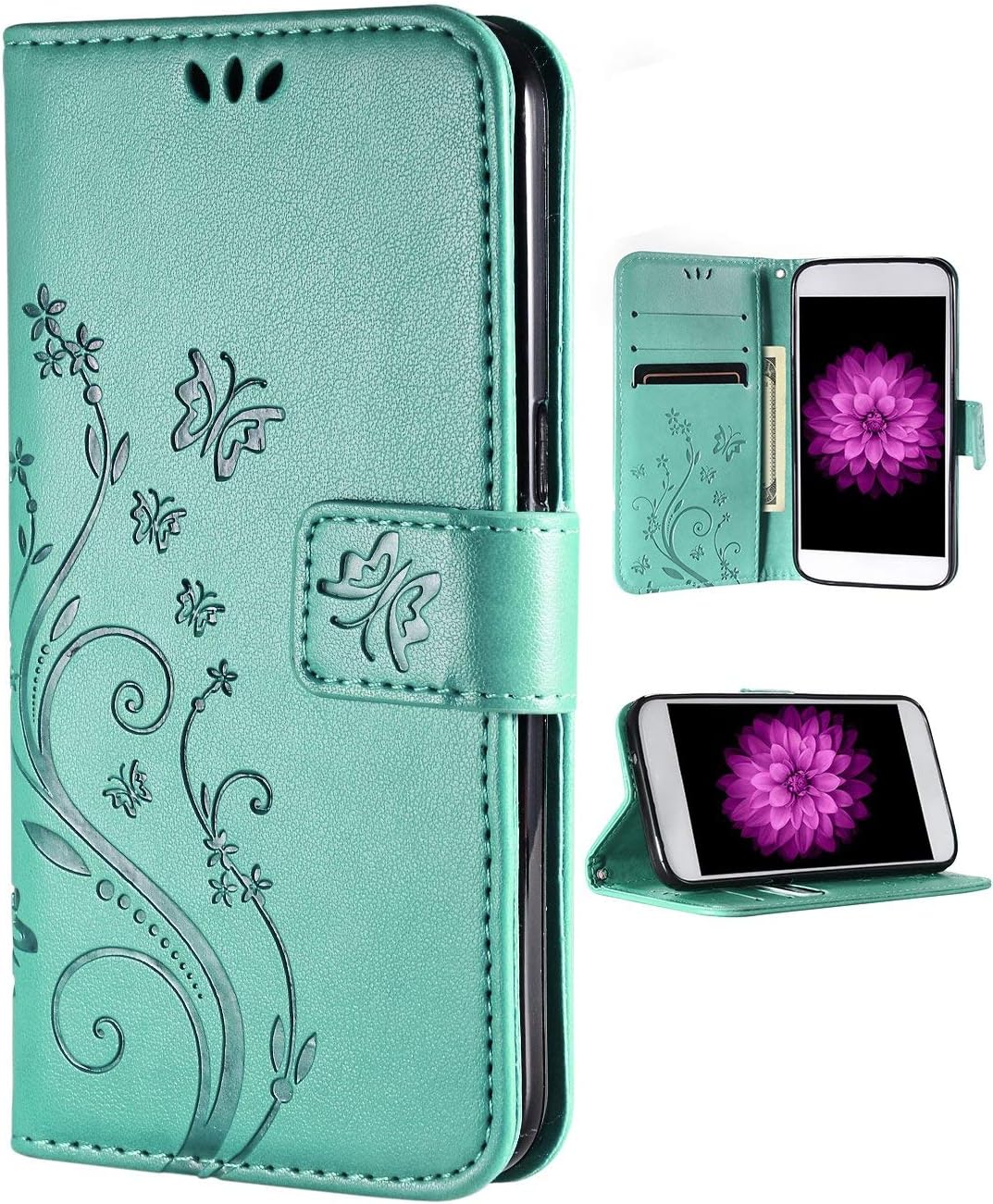 FLYEE Case Compatible with iPhone 6/6s Plus 5.5 inch,Wallet Case for Women and Girls with Card Holder,Flip Case Wallet Leather [Kickstand] Magnetic Protective-Embossed Flowers Blue