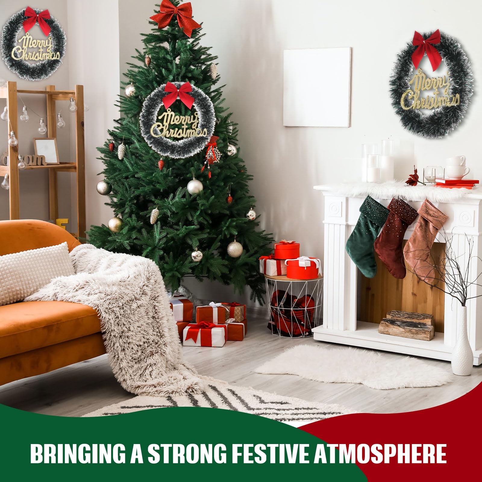 Jenaai 24 coronas de Navidad para puerta delantera, corona de Navidad artificial de 10 pulgadas con lazo rojo para colgar, manualidades de invierno para interiores y exteriores, hogar, ventana, pared,
