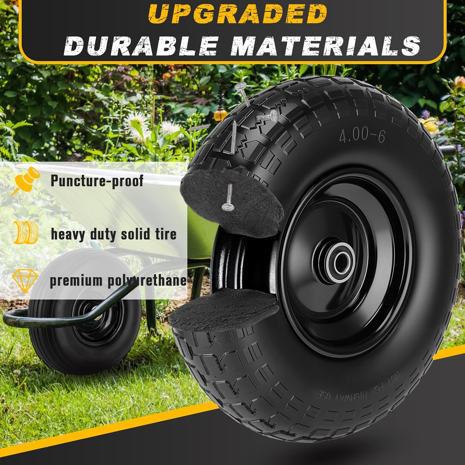 4.00-6 Tire and Wheel Flat Free, 13" Wheelbarrow Wheels and Tires with 5/8" or 3/4" Bearings 4.00-6 Solid Tires Replacement for Wheelbarrow, Garden Carts, Wagon, Dolly, Hand Trucks(2 PCS, Black)
