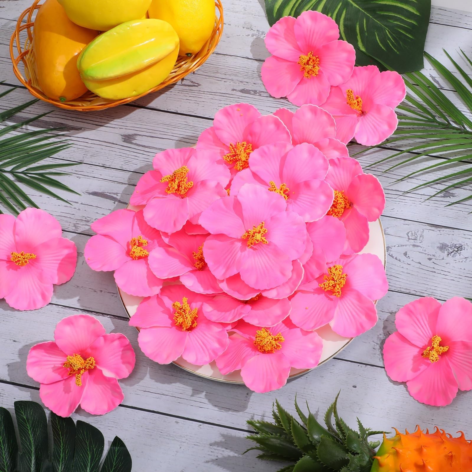 80 szt. sztucznych kwiatów hibiskusa, hawajskie sztuczne kwiaty hibiskusa na letnią imprezę luau, dekoracje DIY, rękodzieło, ciasto(Yellow)