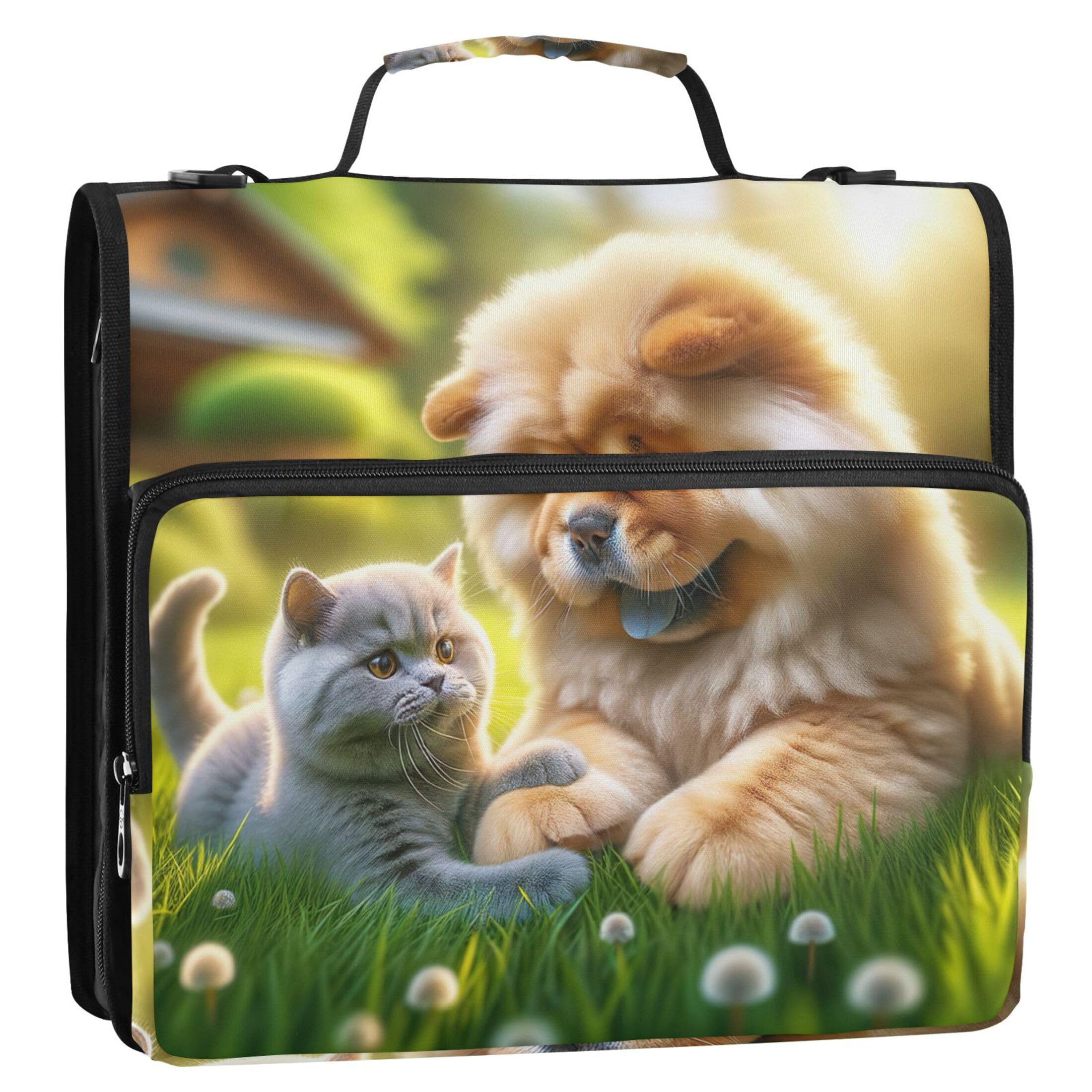 Document Zippered Binder Organizer 3 Ring Binders 1.5 Inch D Ring Chow Chow Dog Cat Storage Portfolio Folder with Handle School Binders Bag with Shoulder Strap