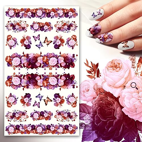 FLONZNAIL - Calcomanías para uñas (5 hojas), ramo de flores de colores oscuros con mariposas, decoración de uñas, calcomanías de estilo vintage