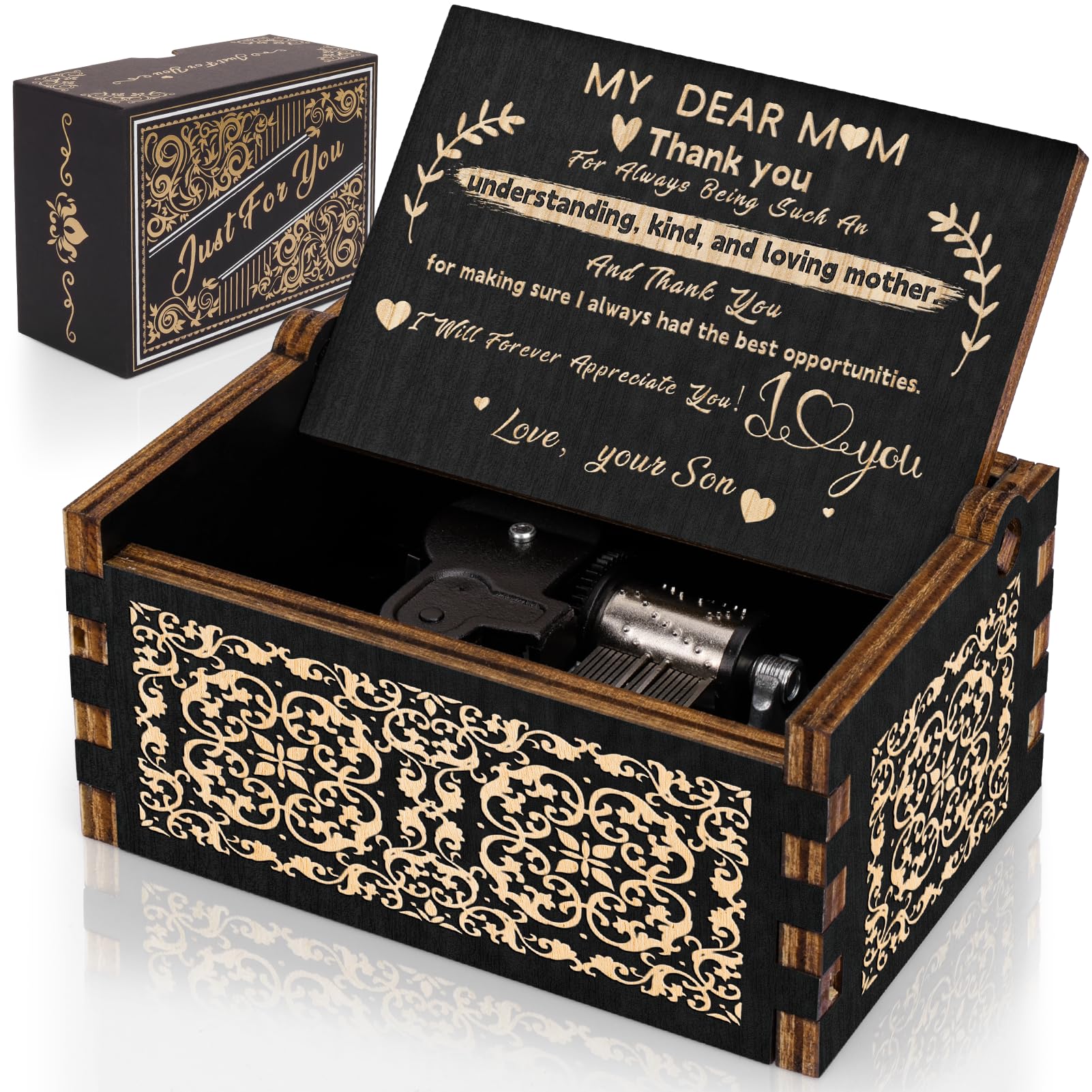 CUISH Large Music Box for Mom from Son, Auto Play Music - You are My Sunshine Melody, Engraved Vintage Musical Box Case Birthday Gift for Mom