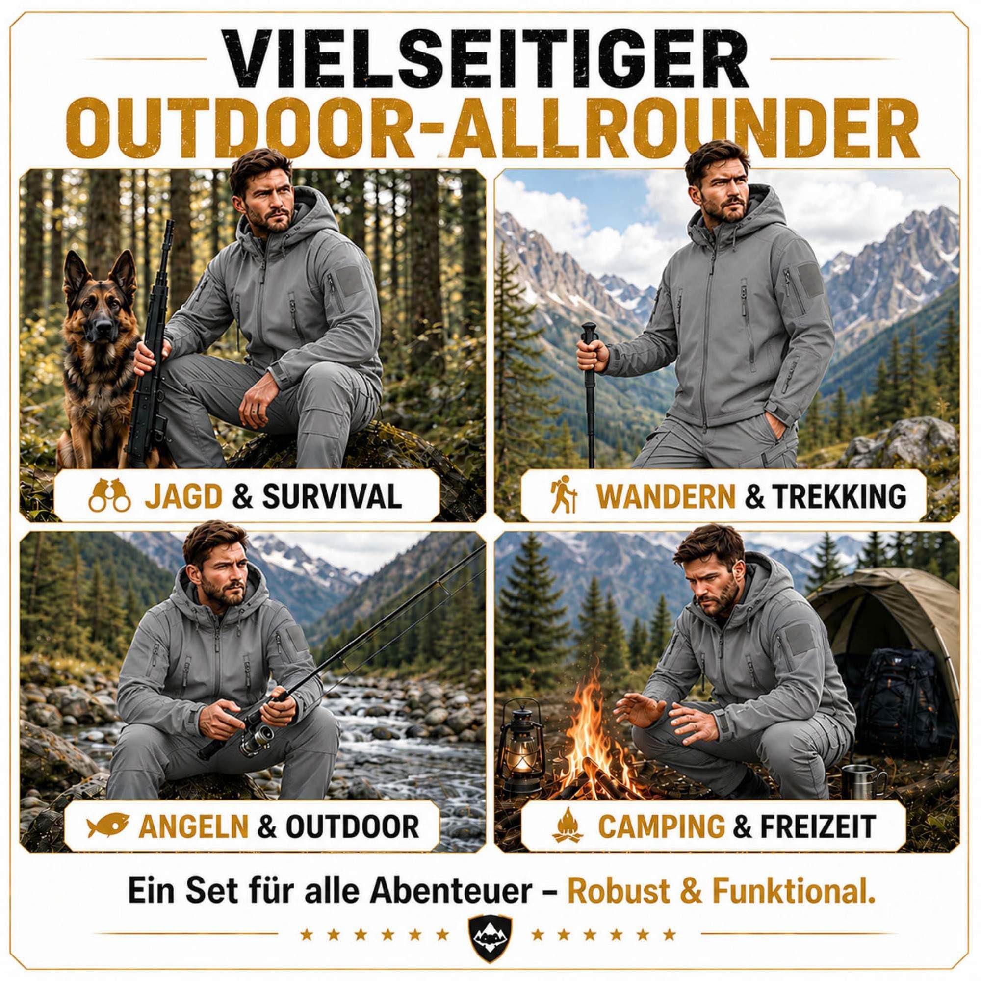 Taktischer Anzug Herren Set, Taktische Jacke Herren und Taktische Hose Herren, Softshell Outdoor Kleidung Militär Style, Wasserabweisend & Winddicht für Jagd, Wandern, Camping, Arbeit