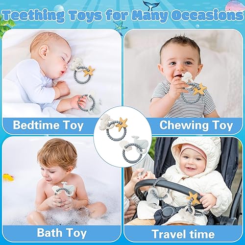 Miniatura 6 de Juguetes mordedores de silicona para bebés, 2 piezas de anillo de dentición temático de verano con temática de océano y playa, mordedores suaves,