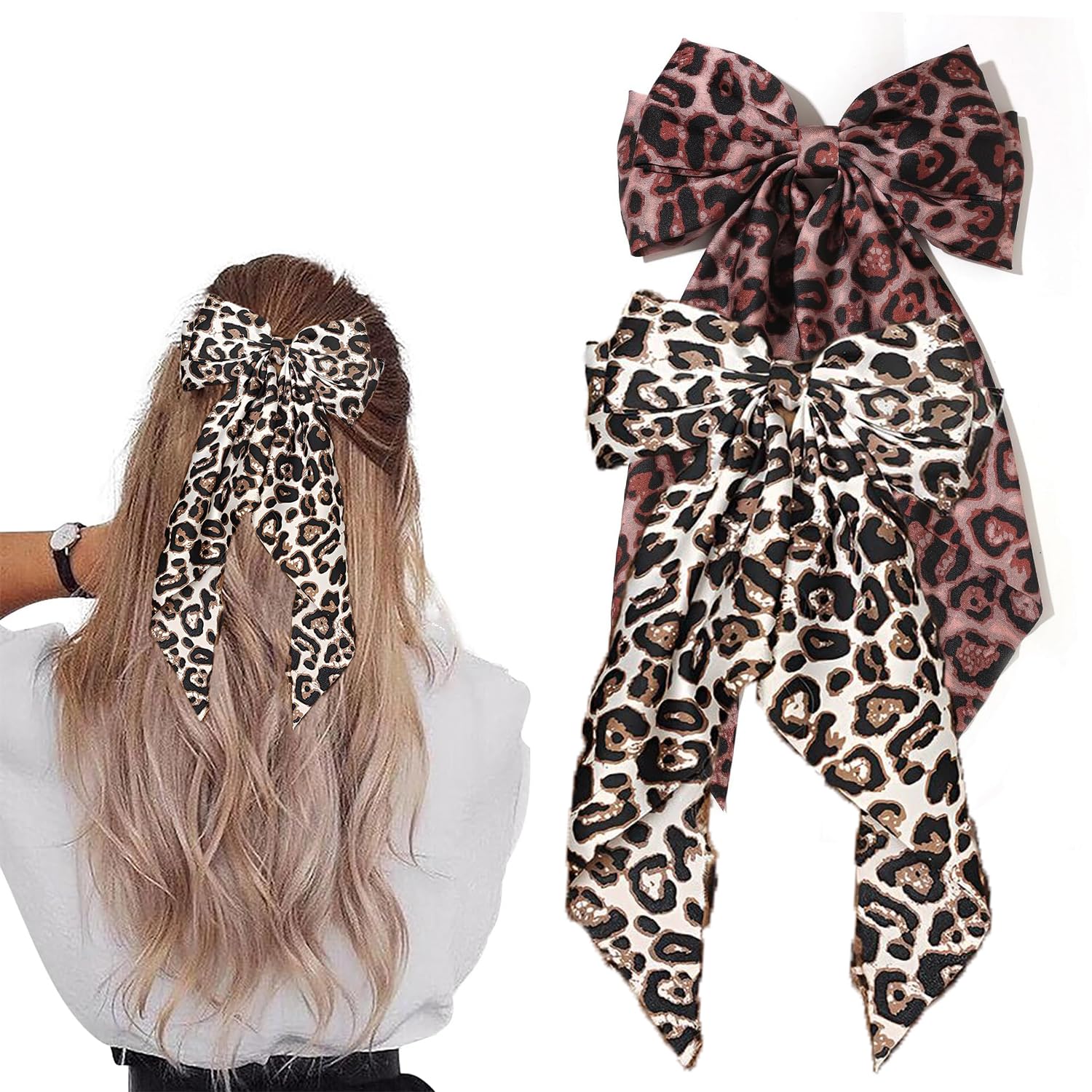 Leopard Print Long Tail Hair Bow Clips - 2Pcs Handmade Ribbon Satin Oversized Bow Metal Barrettes Ponytail Ribbons Butterfly Accessories for Women and