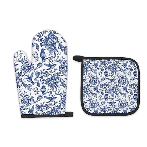 Blue Chinoiserie Bird Floral Oven Mitts and Pot Holders Sets,