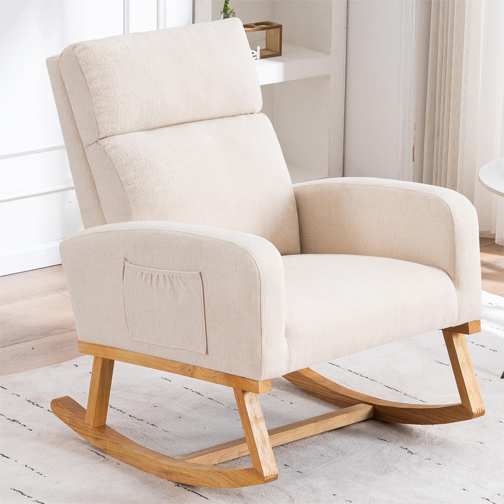 HCHAIRH Rocking Chair Nursery, Nursing Rocker Chairs with High Backrest, Modern Glider Rocking Chair for Mom Nursery, Living Room, Bedroom, Beige
