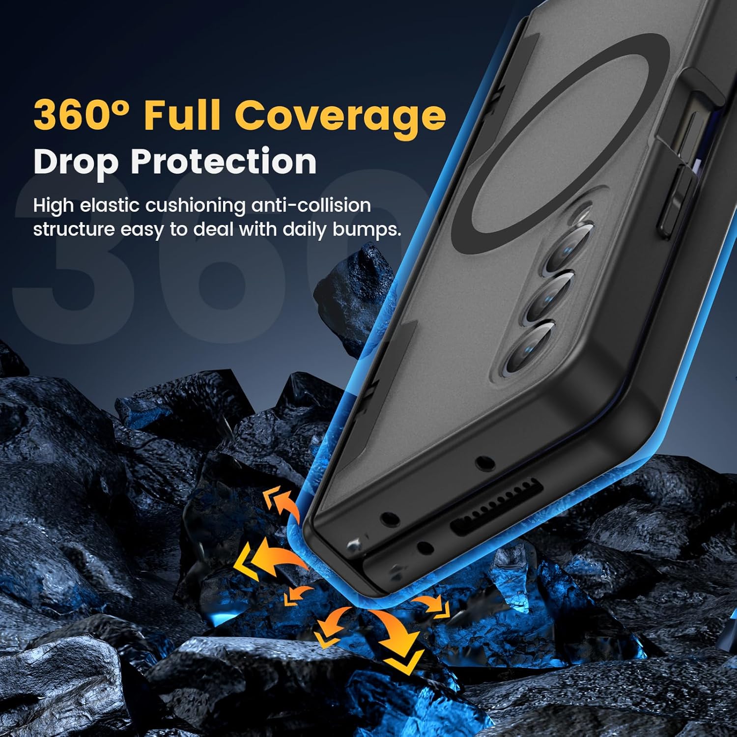 Caka for Samsung Galaxy Z Fold 4 Case [Compatible with Magsafe] [Hinge Protection] [Built-in HD Screen Protector] Translucent Hard Shockproof Magnet Phone Cover for Fold4 - Black