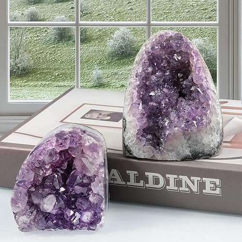 Miniatura 7 de Rockcloud Figura de cristal de cuarzo de amatista púrpura natural, geoda drusa para decoración del hogar, adorno de escritorio autoportante,