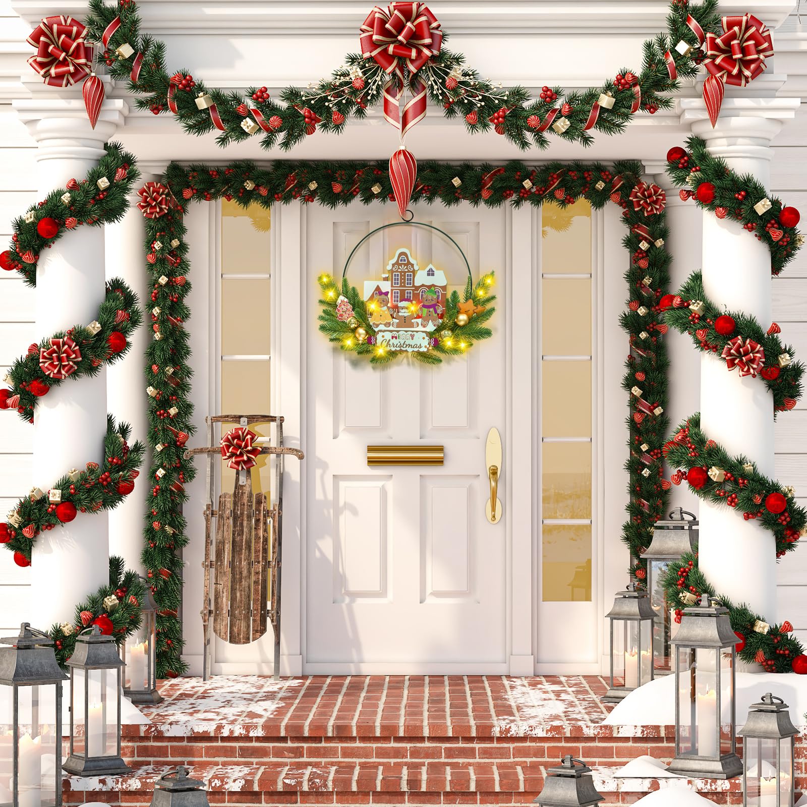 Couronne de Noël lumineuse pour porte d'entrée, couronne de bienvenue en métal et bois à suspendre, décoration murale lumineuse à 30 LED, fonctionne à piles pour Halloween, intérieur et extérieur