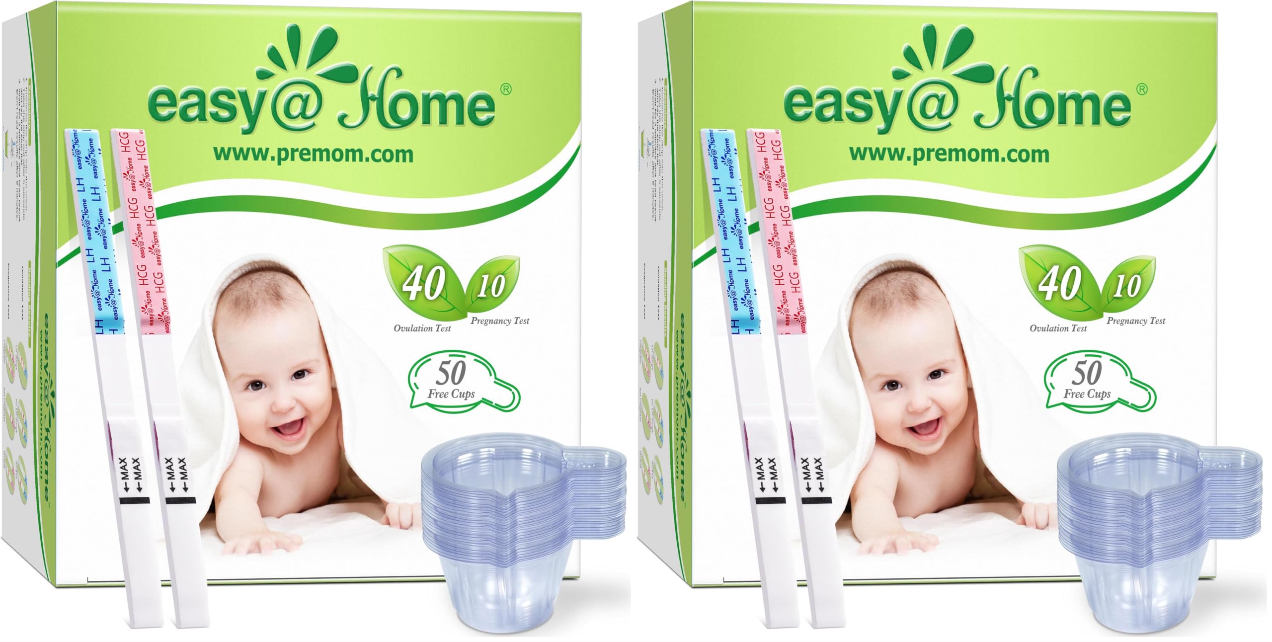 Easy@Home Ovulation &amp; Pregnancy Test Strips Kit: 40 Ovulation Strips and 10 Pregnancy Tests– Accurate Fertility Tracker OPK - Powered by Premom APP | 40LH + 10HCG + 50 Urine Cups (Pack of 2)