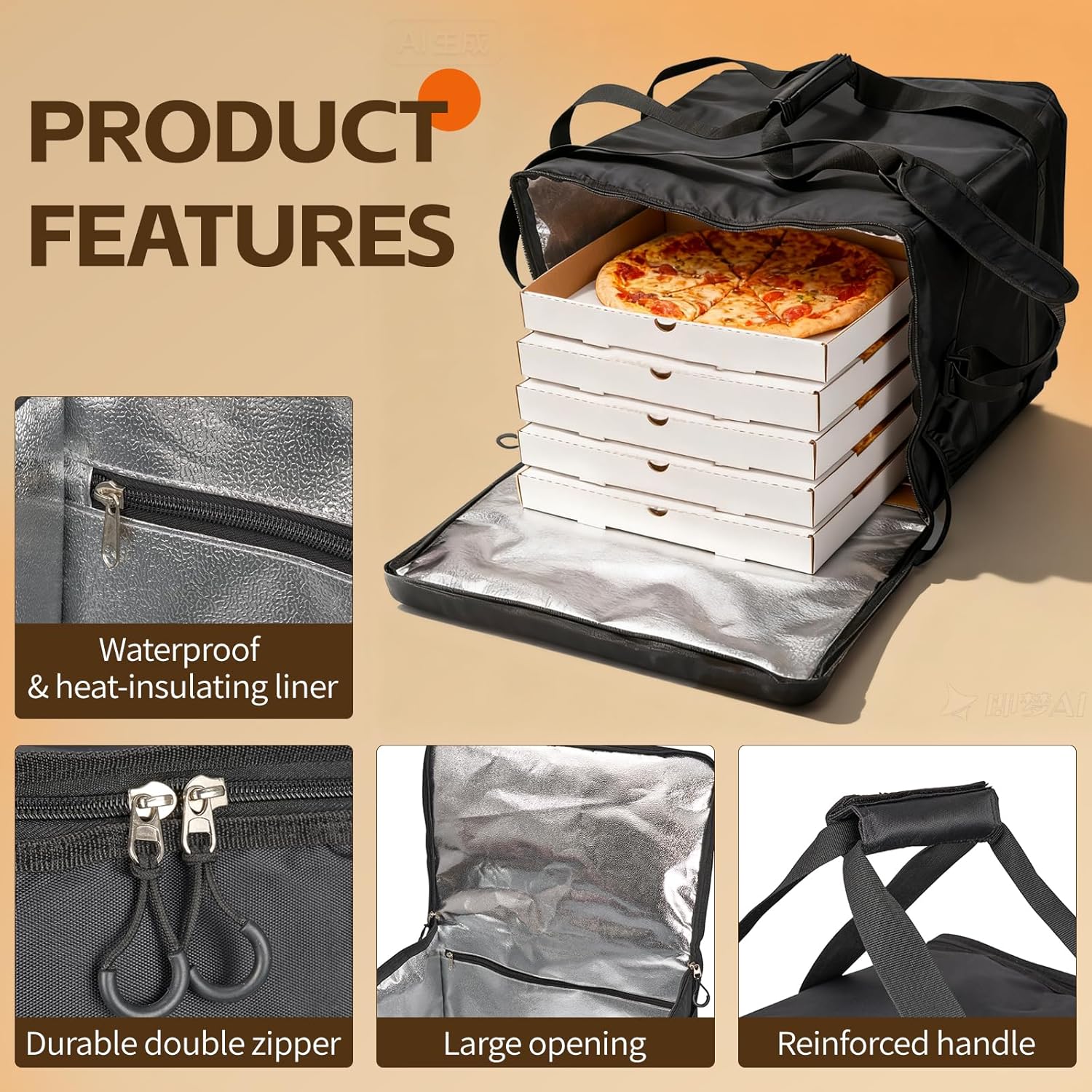 Insulated Heated Pizza Delivery Bag with Handle - Portable Vehicle Food Warmer,Padded Heated Pizza Carrier Bag with12-volt Cigarette-lighter Power Port