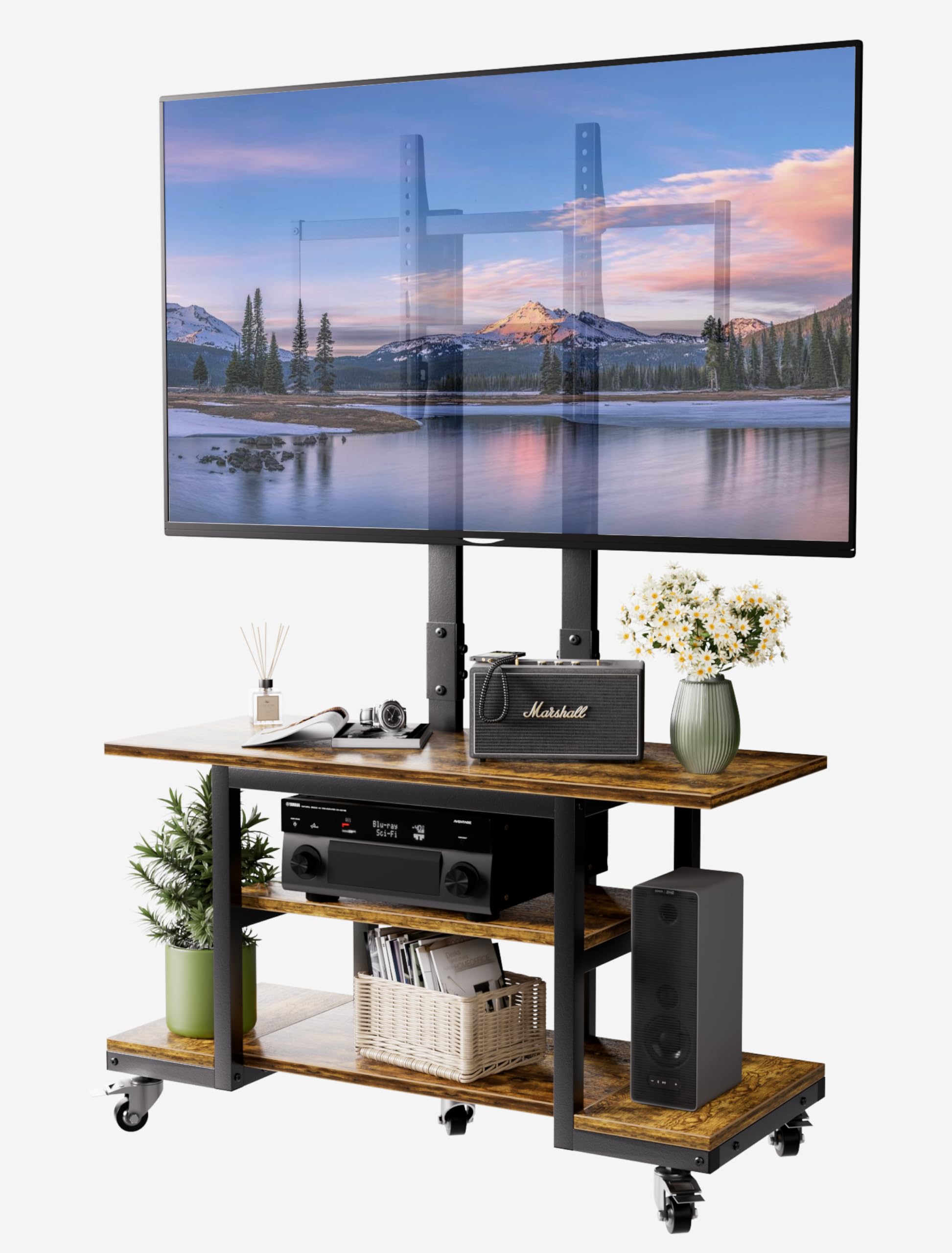 EZISE Heavy Duty Mobile TV Cart with 3-Tier Shelves, Height Adjustable Rolling TV Stand for 32-75 inch TVs up to 150 lbs, Portable TV Stand with