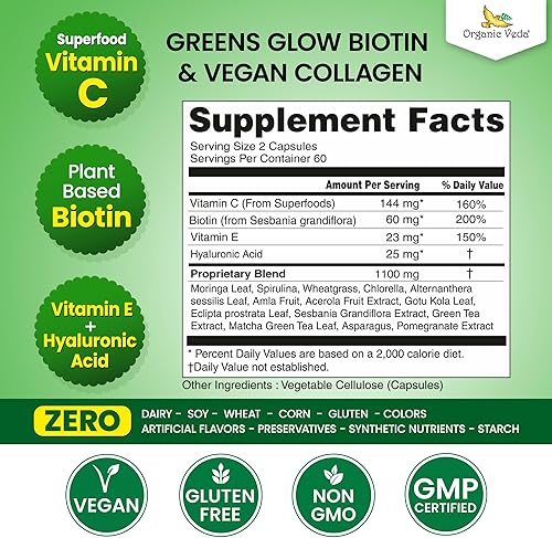 Miniatura 2 de Organic Veda Super Greens Glow Cápsulas con biotina, colágeno vegano, vitamina C y E, ácido hidráulico, clorofila, suplemento dietético