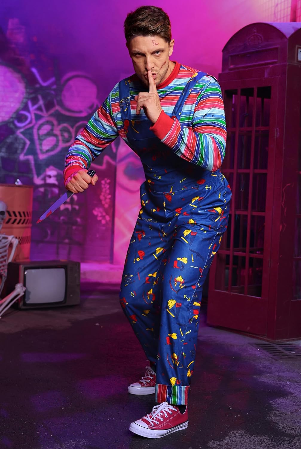 Arvilhill 4 Pcs Men's Killer Doll Costume Halloween Shirt Overalls Outfit with Prop Knife & Tattoo Stickers (S-3XL) - Image 4