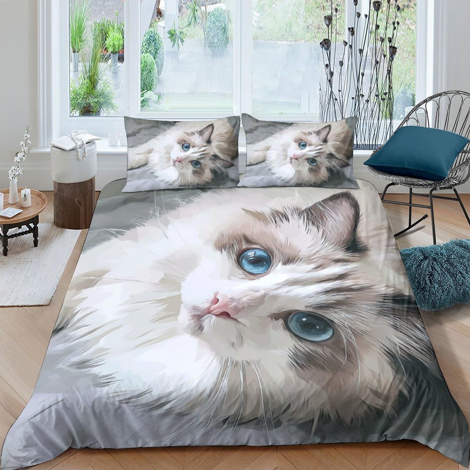 GPLZQXKJNH 3D Printed Blue Eyed Cat Duvet Cover Set Microfiber Soft Breathable Bedding with 2 Pillowcases for Bedroom Decor, Grey, Single（135x200cm）