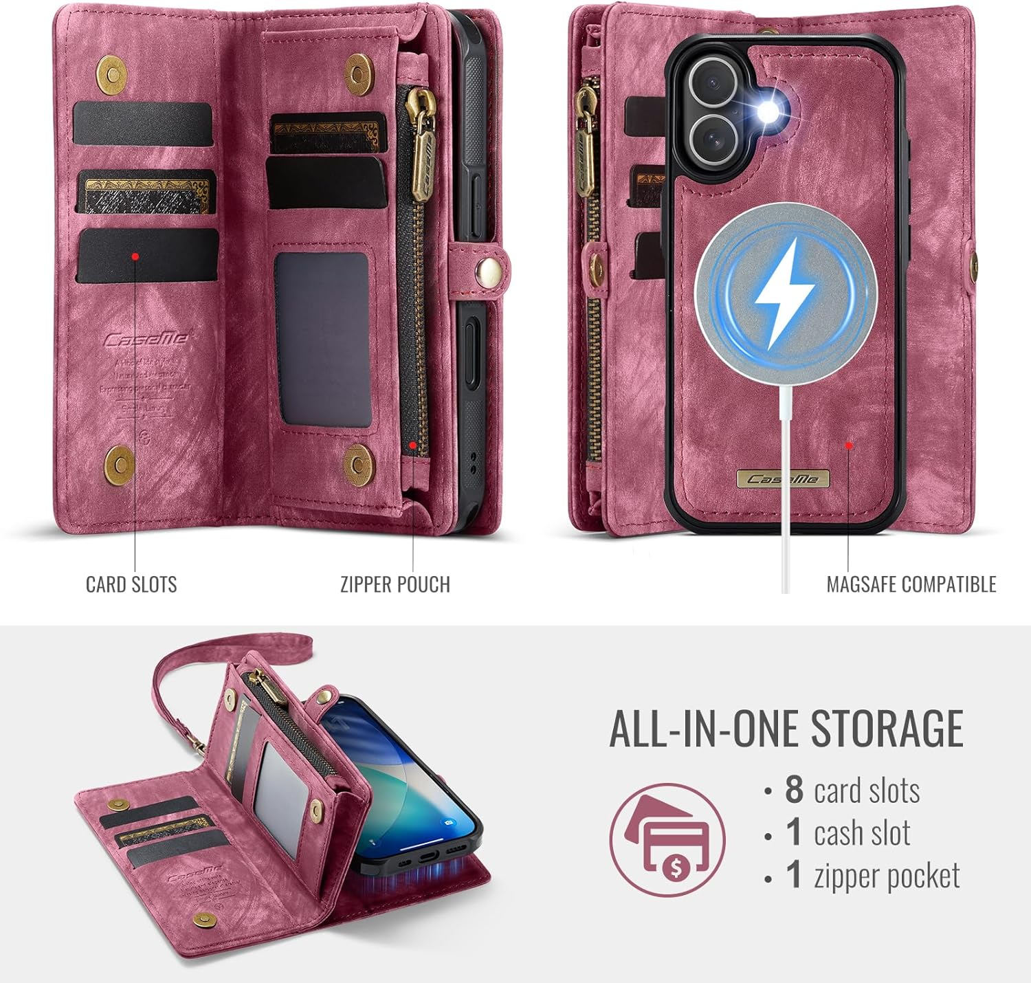 for iPhone 17 Wallet Case with 8 Card Slots Magnetic Closure Zipper Pocket Pouch Flip, Detachable Magnetic 2 in 1 Design, Premium Leather PU with Lanyard Strap Wristlet - Red