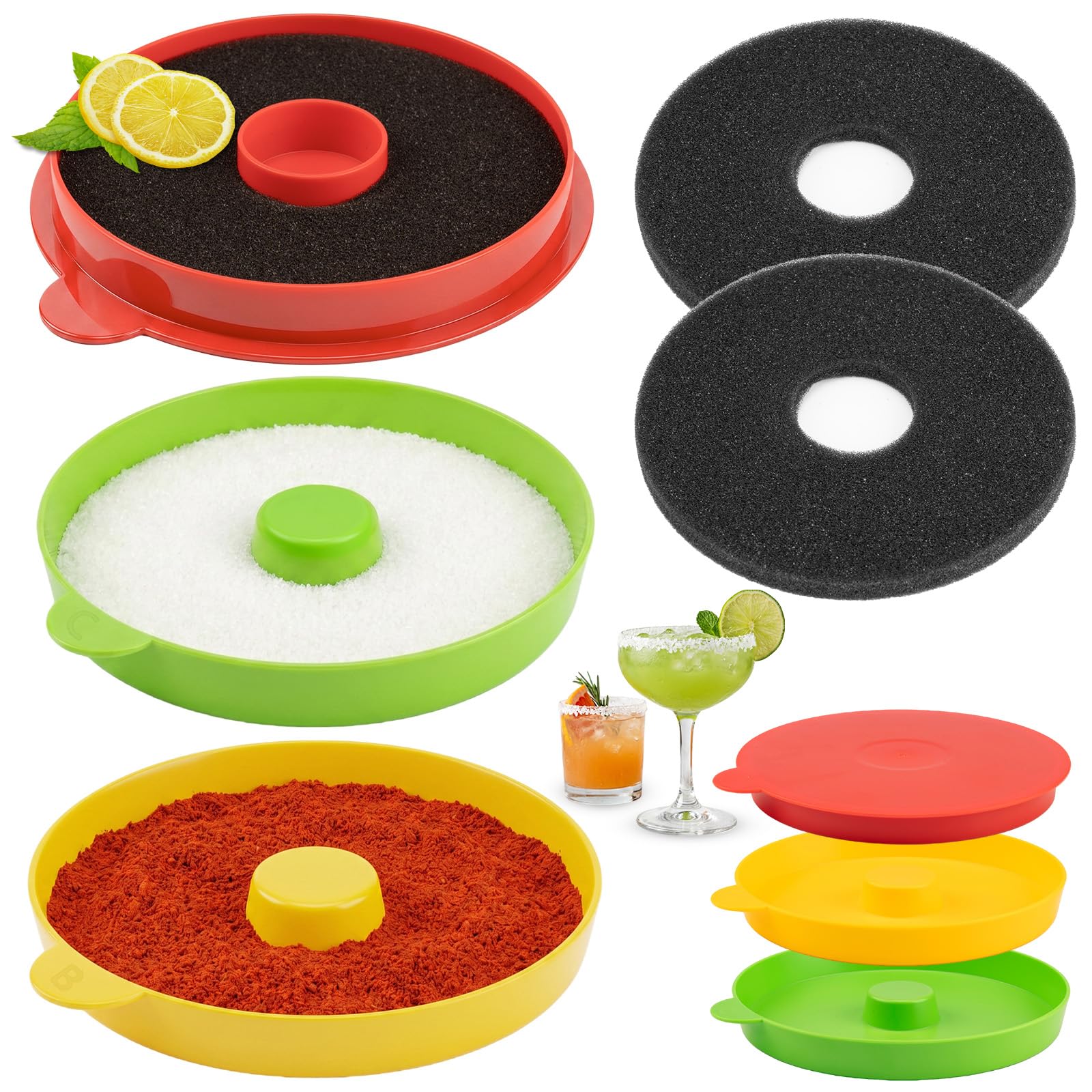 TonJin 3-Tier Margarita Salt Rimmer Set with 2 Sponges: Red Yellow Green Stackable Cocktail Glass Rimmer Holds Lime Juice Salt Sugar, Dishwasher Safe Bar Accessories for Bartenders and Home Bars