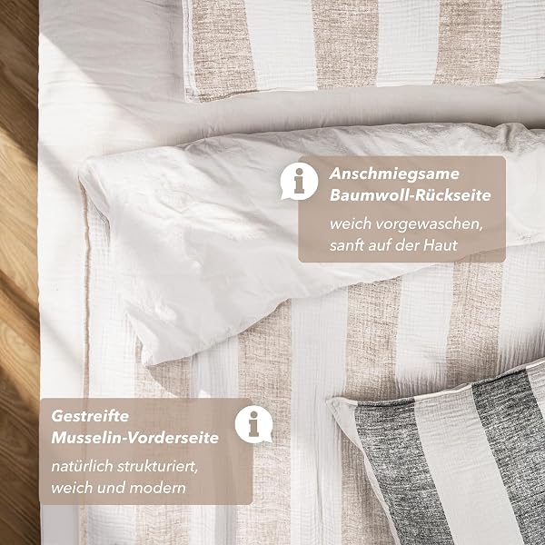 Pure Label Musselin Bettwäsche 135x200 Baumwolle, gestreiftes Bettwäsche Set Beige mit Kissenbezug 80x80, anschmiegsame Baumwoll-Rückseite - 5