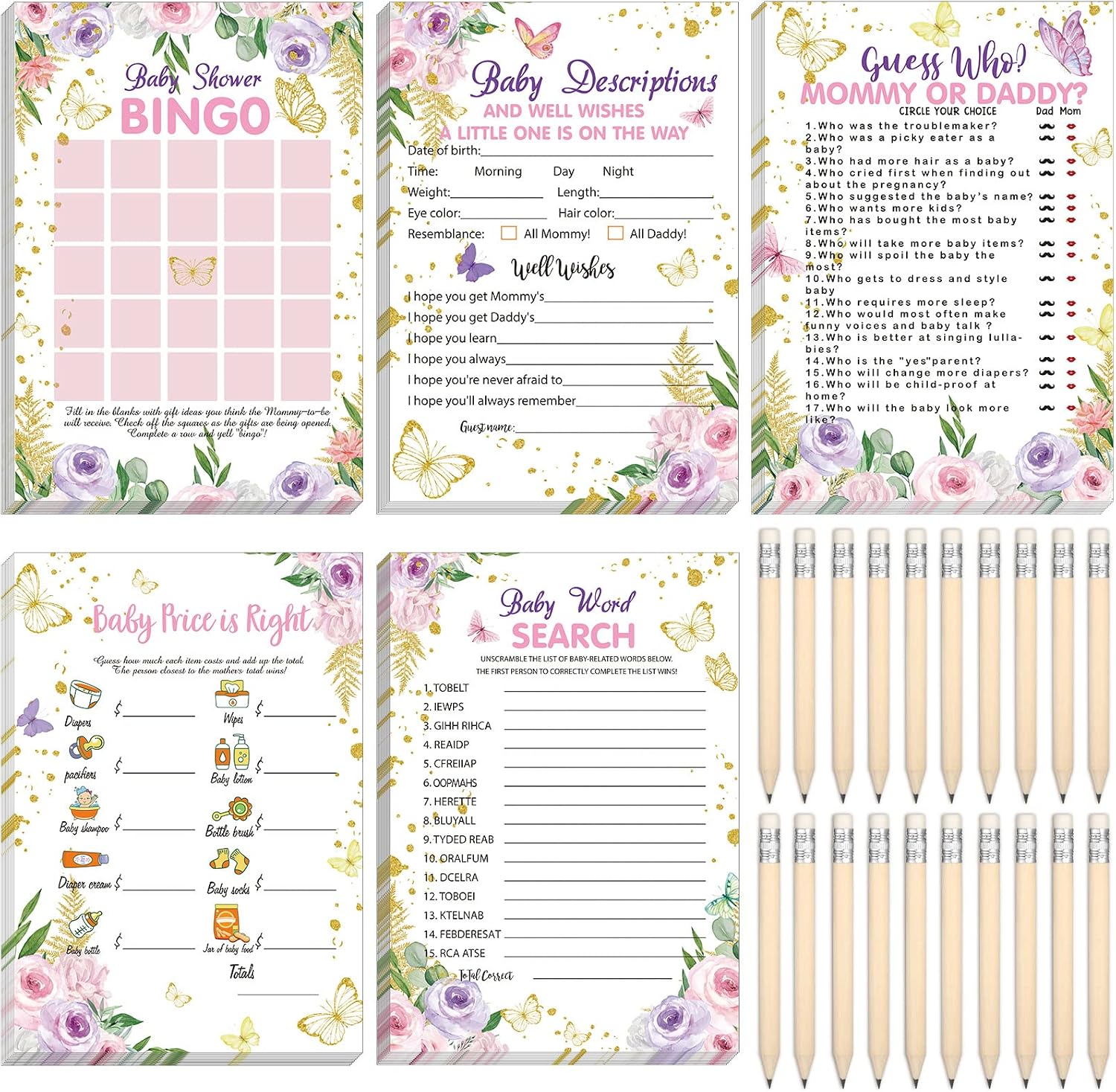 Sinmoe 145 Pcs Cowboy Baby Shower Games Supplies 5 Sets Baby Shower Games Activities Cards with 20 Pcs Funny Pencils Include Descriptions and Wishes, Guess Who, Bingo Play, Word Search