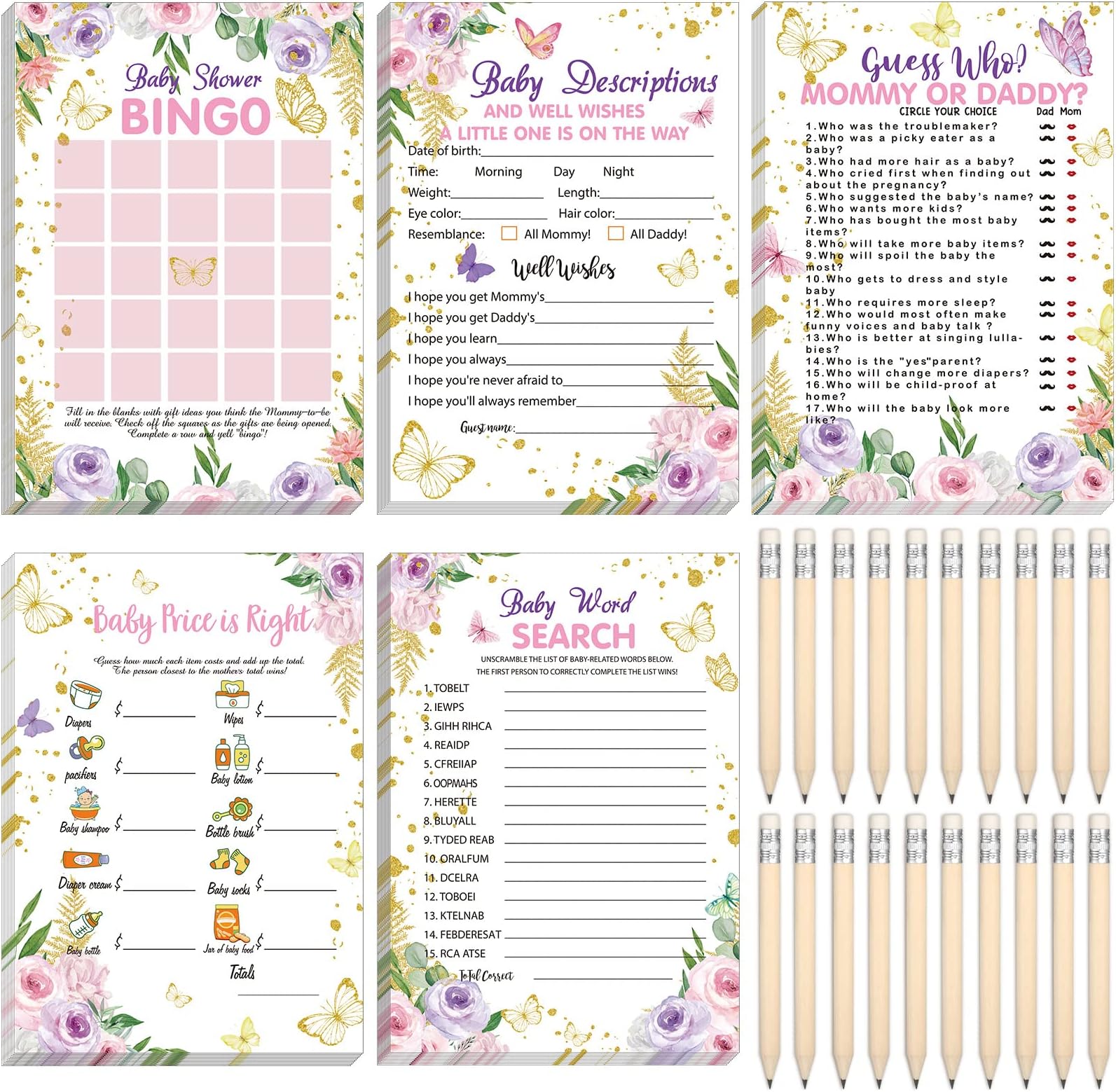 Sinmoe 145 Pieces Baby Shower Games Supplies 5 Sets Baby Shower Games Activities Cards with 20 Pcs Funny Pencils Include Descriptions and Wishes, Guess Who, Bingo Play, Word Search(Butterfly)