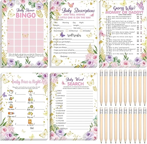 Sinmoe 145 piezas de suministros para juegos de baby shower, 5 juegos de baby shower, tarjetas de actividades con 20 lápices divertidos que incluyen