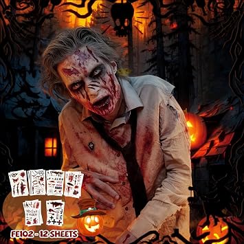 Halloween Tattoos 12 Sheets Sticker Zombie Makeup Kit 3D Fake Blood Scars Temporary Tattoo, Zombie Costume Spider Web Bat Skull Cross Stickers For Kids Women Men Boys Girls Adults