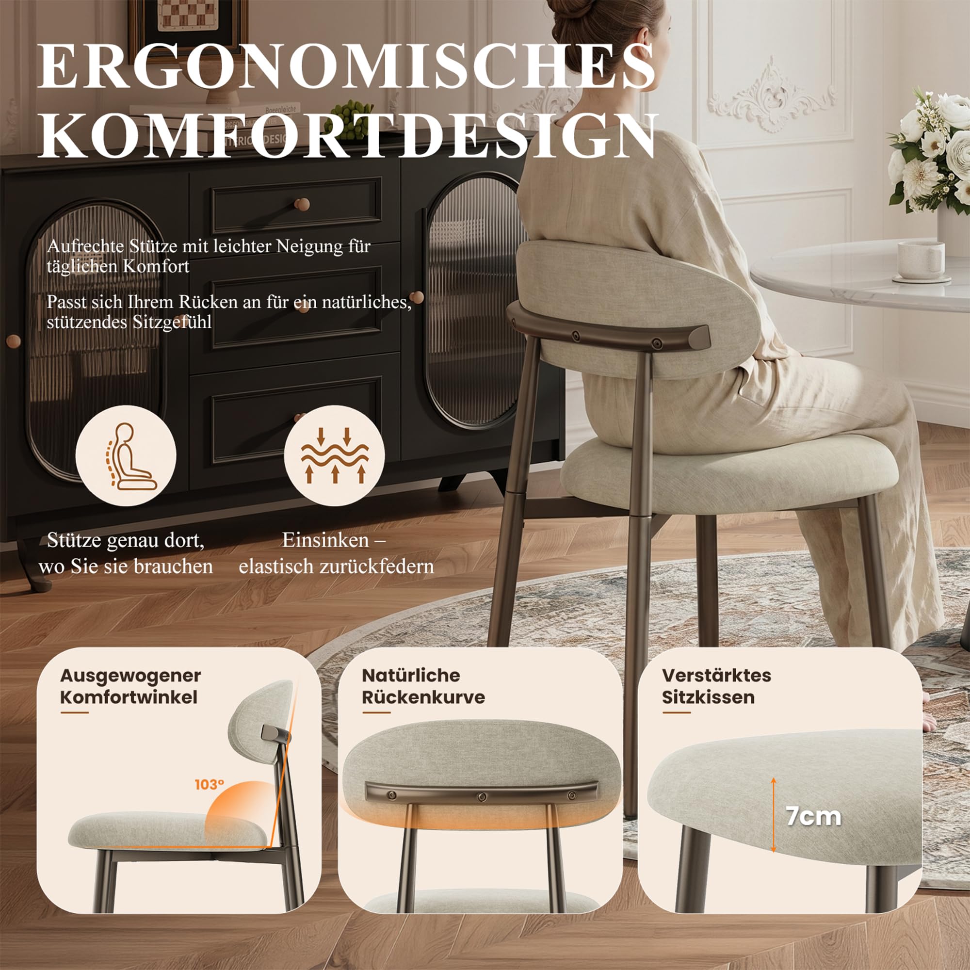 MALOL Esszimmerstühle 4er Set, Gepolsterte Stühle Esszimmer, Küchenstühle, Esstisch Stühle mit geschwungener Rückenlehne & Metallfüßen, moderne Stoffstühle für Küche, Wohnzimmer und Gastronomie, Kamel