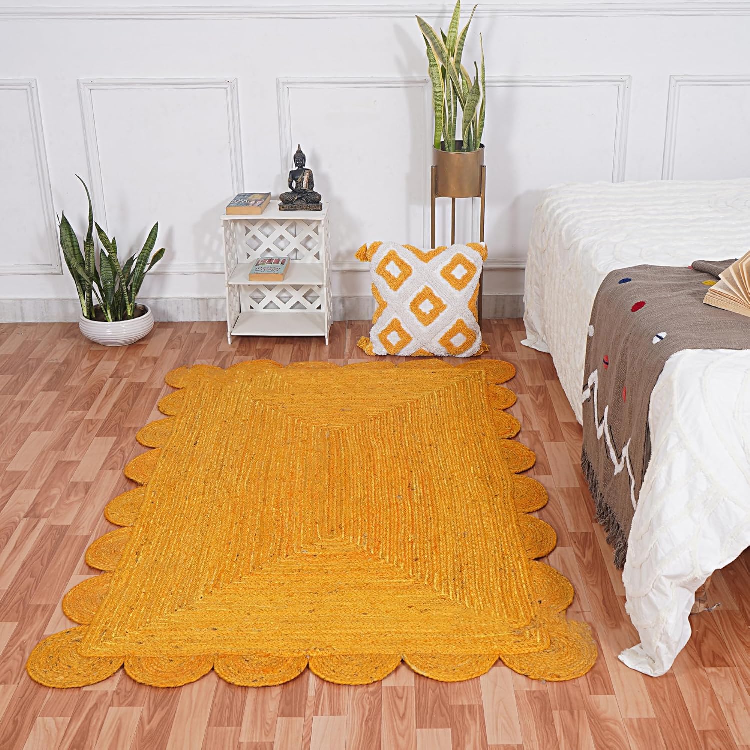 Mrida Weave Handwoven Scalloped Jute Area Rug – Natural Floor Carpet Mat for Living Room, Bedroom, Dining & Entryway Home Décor- 3x12 Feet (91 cmx366 cm) - Yellow
