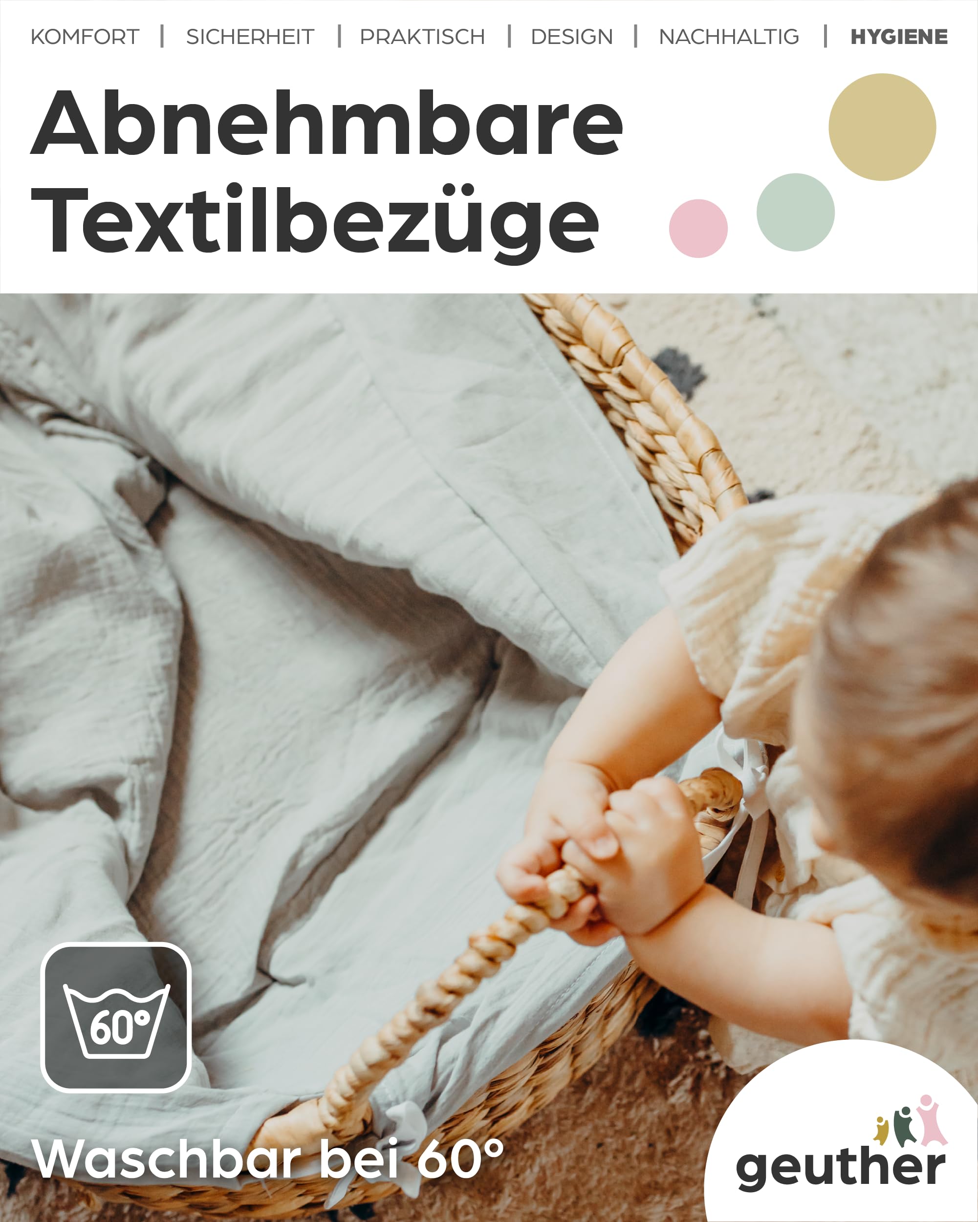 Geuther Moses Korb klein | Babynest mit Tragegriff | Babynestchen Neugeborene mit Matratze & Baumwollbezug | Mobiles Babybett | Nachhaltig & langlebig | Nestchen Baby | Moseskorb Baby in Beige