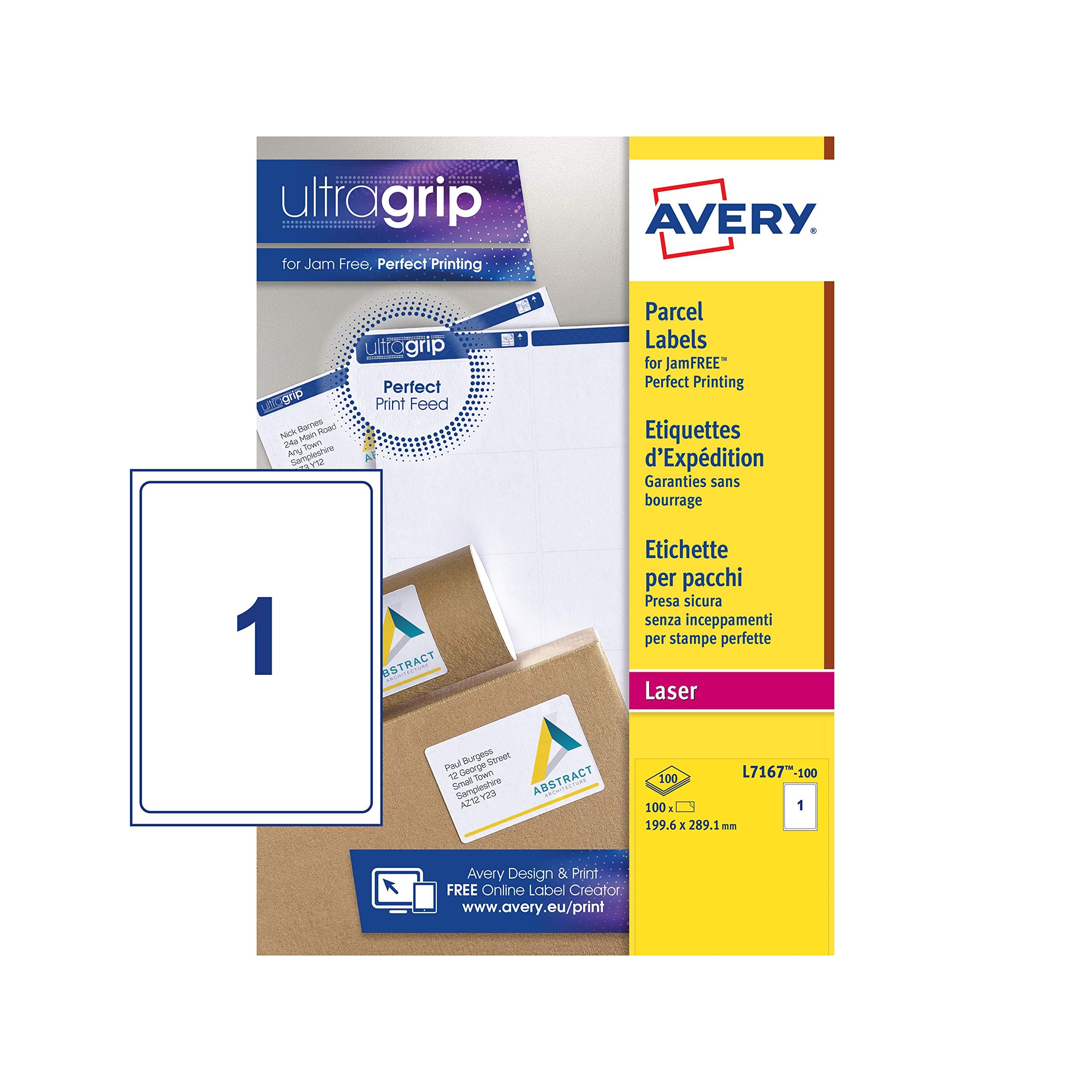 Avery España L7167-100 -Etiquetas adhesivas blancas ideales para para envios paquetes, imprimibles, medida 199,6x289,1mm, Cajaj de 100 etiquetas