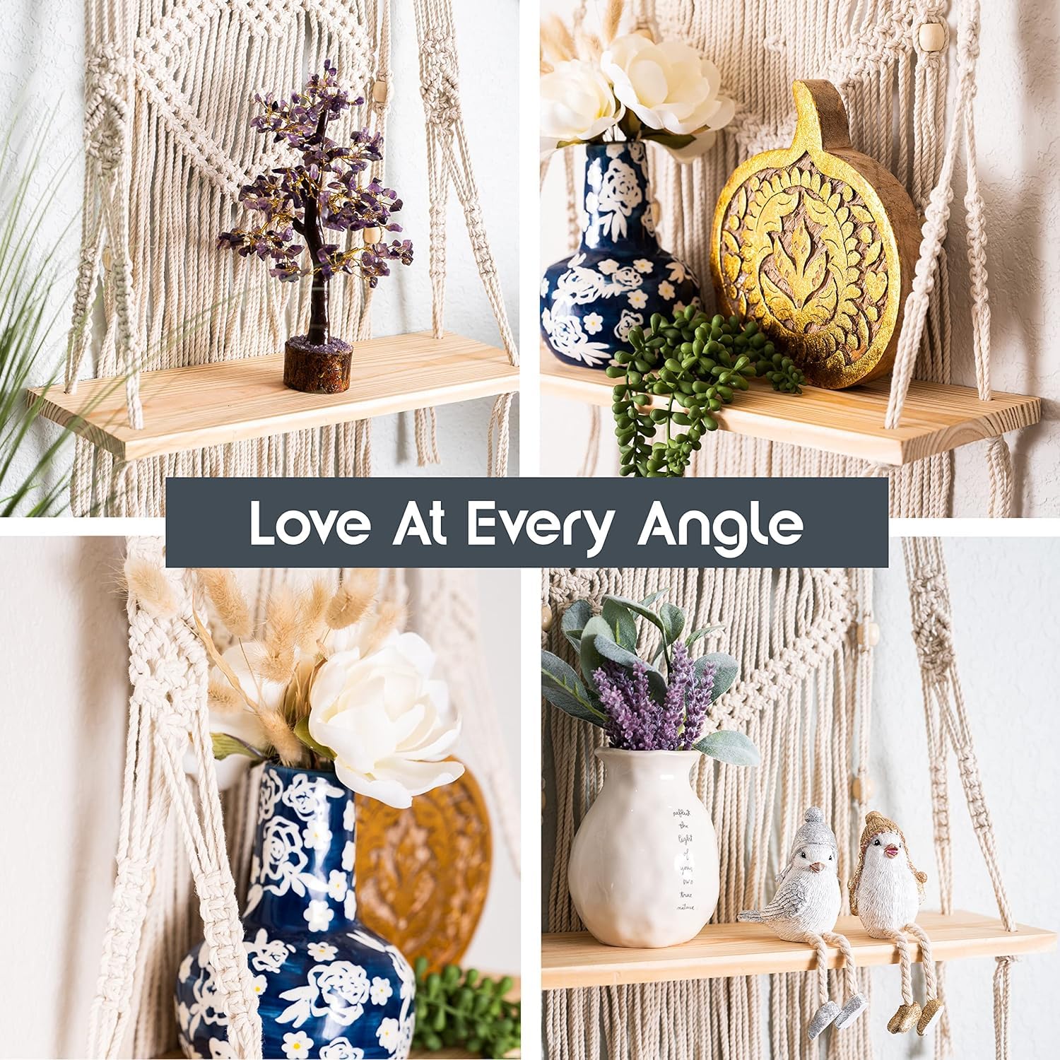 Love N Beyond Macrame Indoor Wall Hanging Floating Shelves for Wall Decor With Real Pine Wood Dowel Hand Woven Bohemian Decor for Apartment Dorm Bedroom Living Room Nursery Beige 60 x 30cm (Victorian) 4