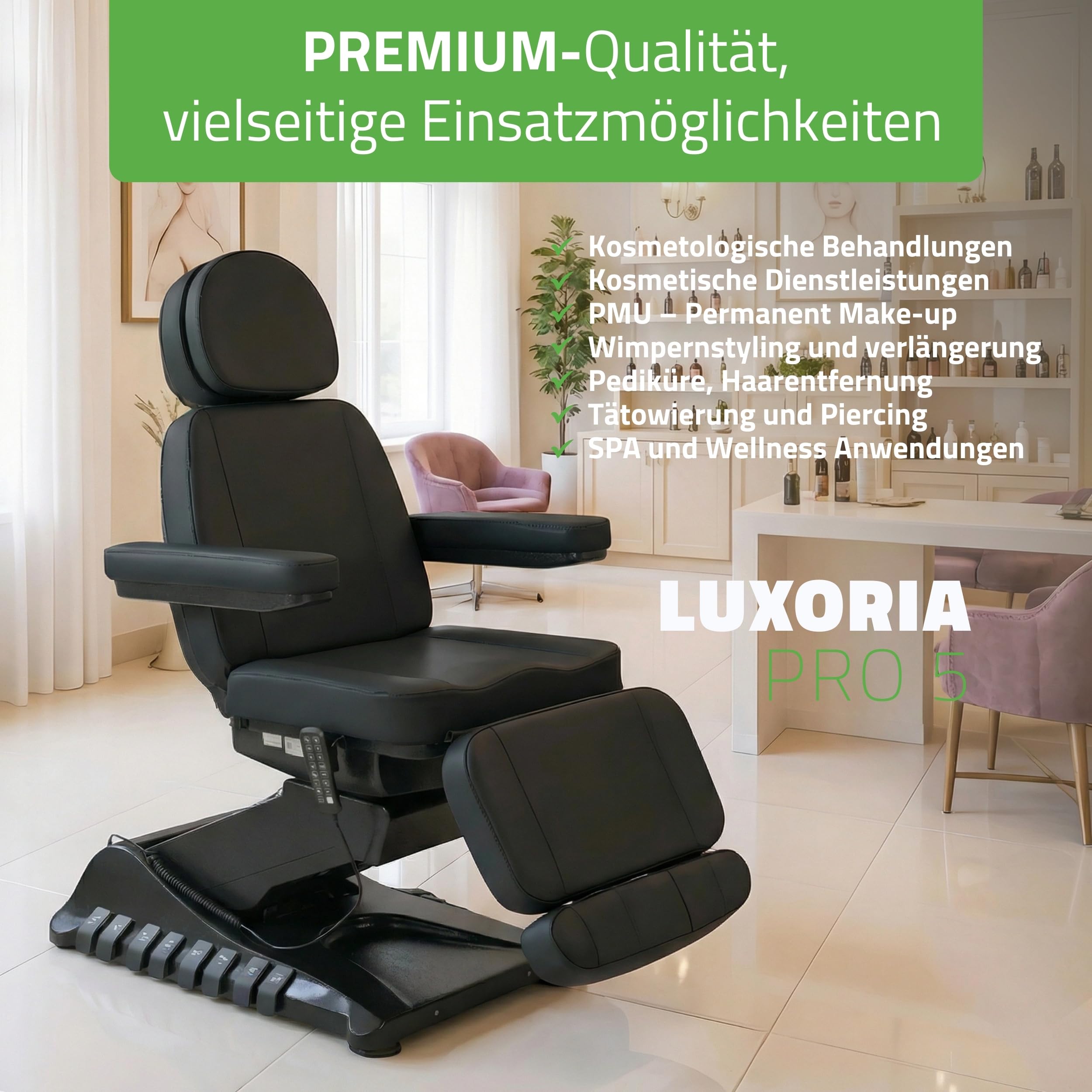 HABYS Luxoria PRO 5 Elektrische Kosmetikliege mit 5 Motoren, Black | Beheizbare Beautyliege, Drehfunktion & Fußsteuerung, Kosmetikstuhl für SPA, Ästhetische Medizin & Massage