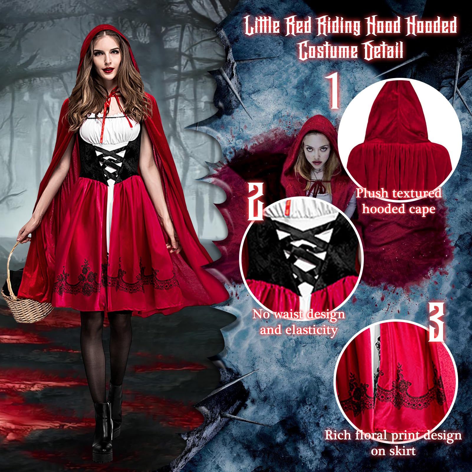 Karneval Rotkäppchen Kostüm Damen: Halloween Hexe Prinzessin Kleid und Umhang mit Kapuze Erwachsene - Hexenkostüm Little Red Riding Hood Outfit für Fasching Cosplay Carnival