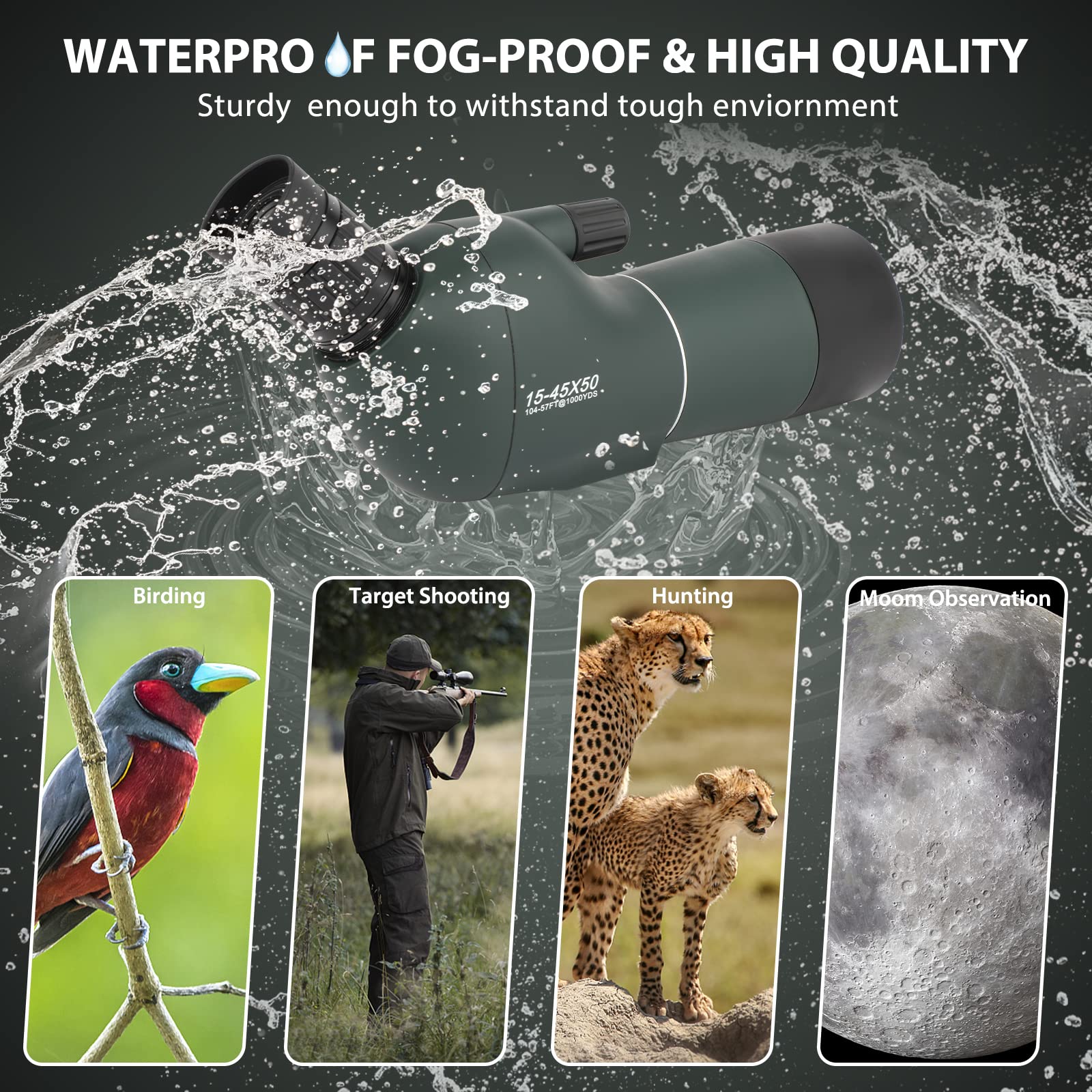 Cannocchiale con Treppiede, Borsa per il Trasporto e Adattatore per Smartphone, FMC Ottica Bak4 Prisma Telescopio Spotting Scope con Smartphone Adapter per Tiro a Segno Birdwatching Caccia (Green)