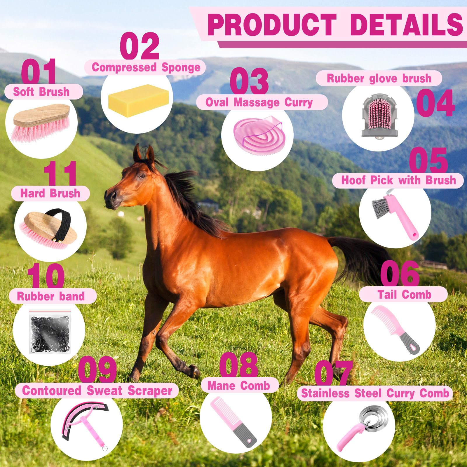 Abbylike Kit da 12 pezzi per la toelettatura dei cavalli, set di spazzole per cavalli Kit di pulizia per la cura degli equini, strumenti massaggianti con borsa (rosa e grigio)