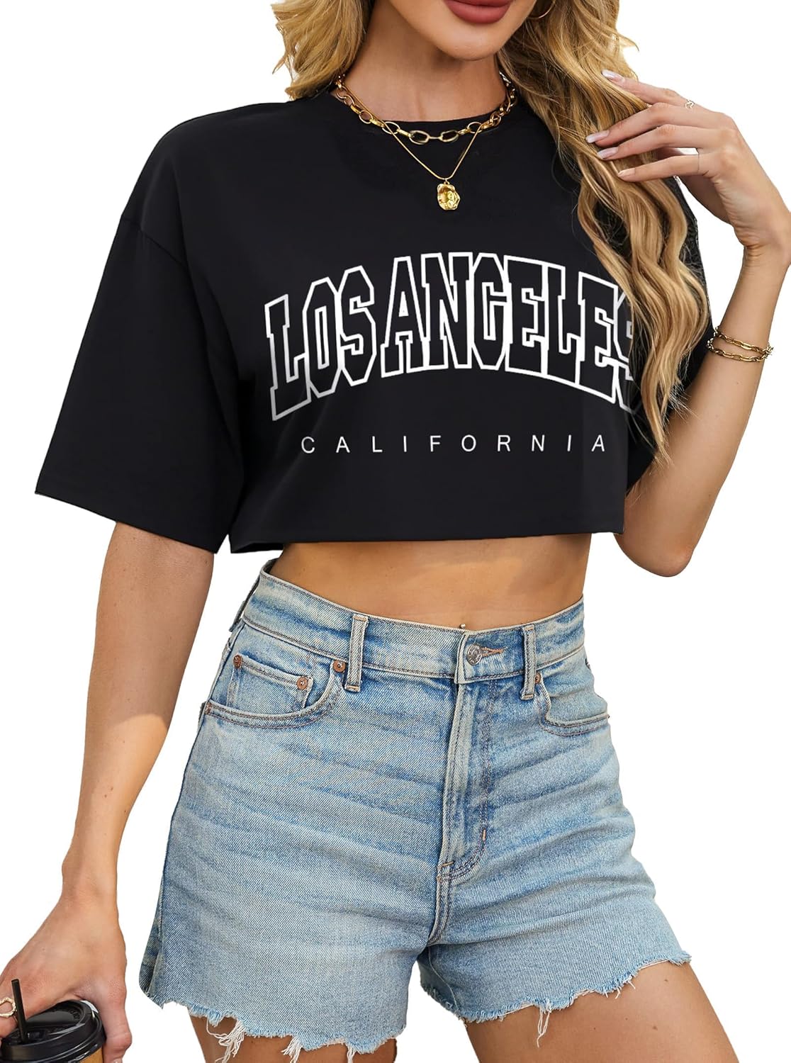 Avanova Women Los Angeles Graphic Tee Short Sleeve Crop Tops Oversized Loose Summer T Shirts Black LA Large
