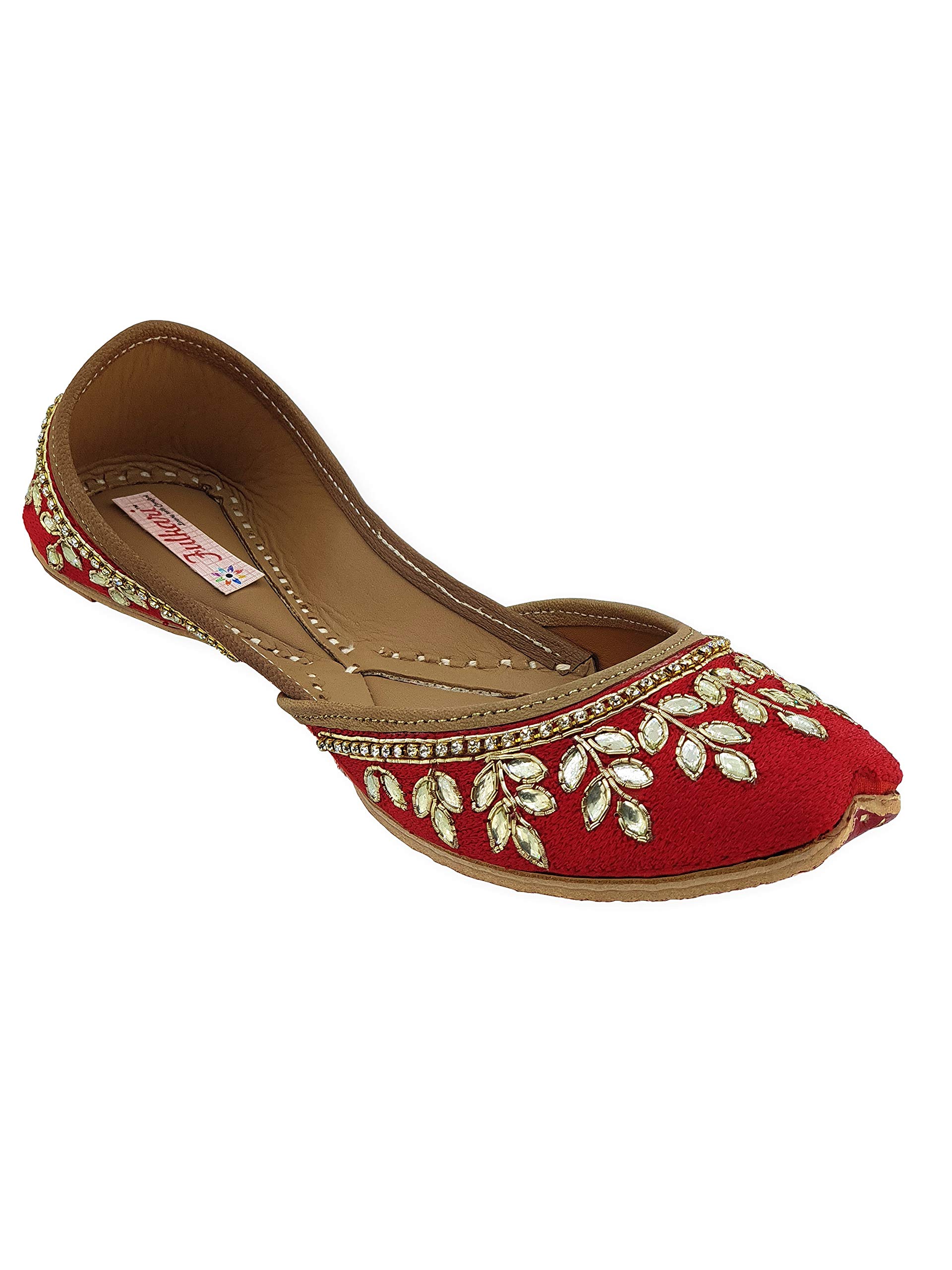 FulkariWomen's Dolli Gold Genuine Soft Leather Embroidered Jutis | Bite and Pinch Free Jutti | Punjabi Formal Juttis | Girl's Wedding Flat Ladies Mojari | Formal Ethnic Juti |