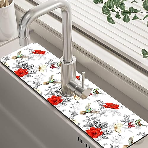 Miniatura 41 de Tapete protector contra salpicaduras para fregadero de cocina floral naranja retro de los años 70, tapete absorbente de secado rápido, tapete de