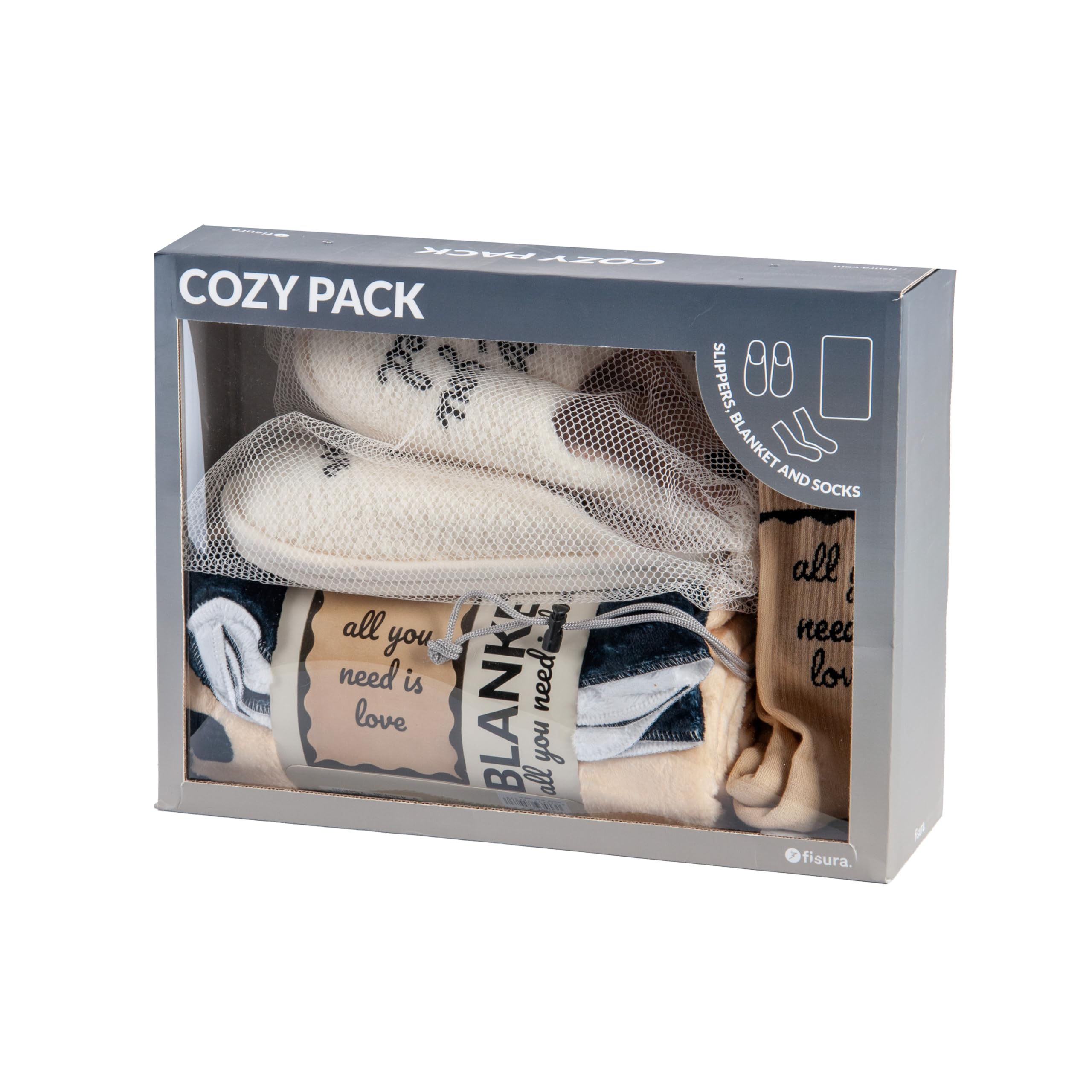 FISURA – Originelles Geschenk für Frauen „All You Need is Love“. Set mit Decke, Hausschuhen und Socken. 3-teiliges Mädchen mit Stil und viel Gemütlichkeit.
