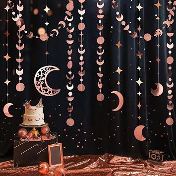 Cheerland Star Moon Garlands Party Decorations New Year Eve Decor Boho Celestial Moroccan Birthday Decor Hanging Streamer Crescent Stars Whimsical Ramadan EID Mubarak Rose Gold Party Supplies